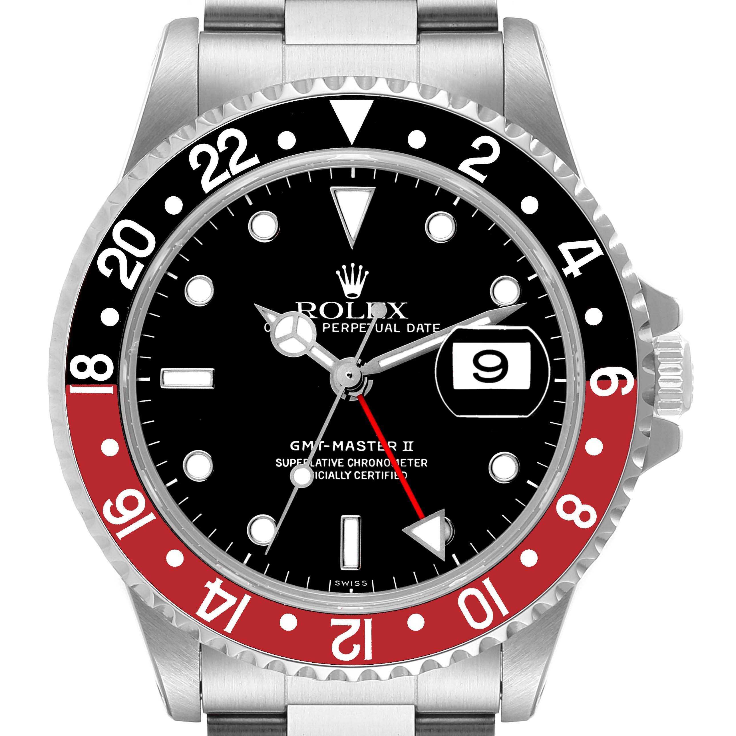 The Rolex GMT-Master 16710 Men's Stainless Steel Black Dial 16710 Men's Stainless Steel Black Dial II watch is shown from a front angle, highlighting its bezel, dial, hands, crown, and bracelet.