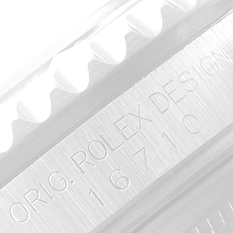 The image shows a close-up of the case side engraving on a Rolex GMT-Master 16710 Men's Stainless Steel Black Dial 16710 Men's Stainless Steel Black Dial model, highlighting the model number and brand inscription.