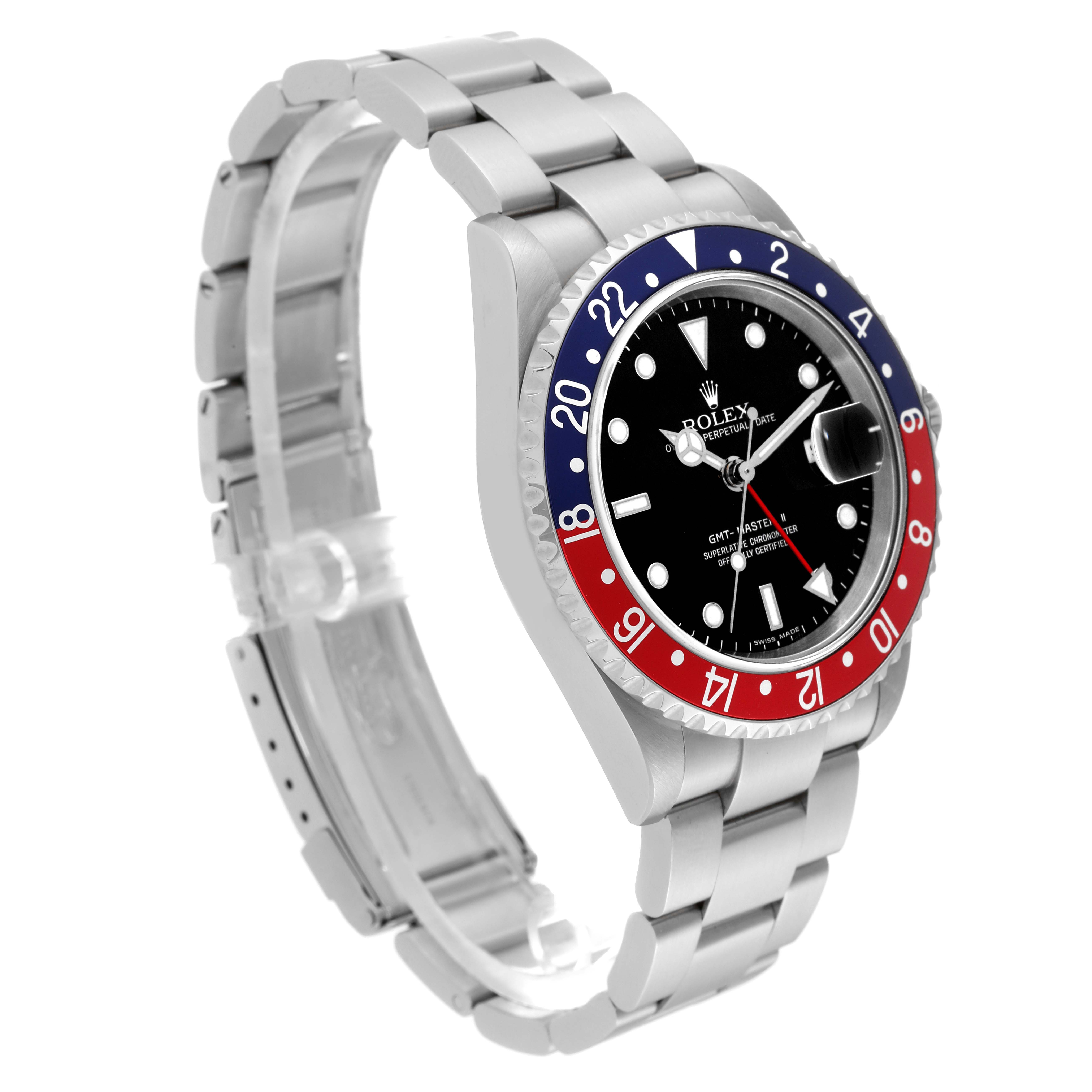 The image shows a Rolex GMT-Master 16710 Men's Stainless Steel Black Dial 16710 Men's Stainless Steel Black Dial watch at a three-quarter angle, highlighting its stainless steel bracelet and red-blue bezel.