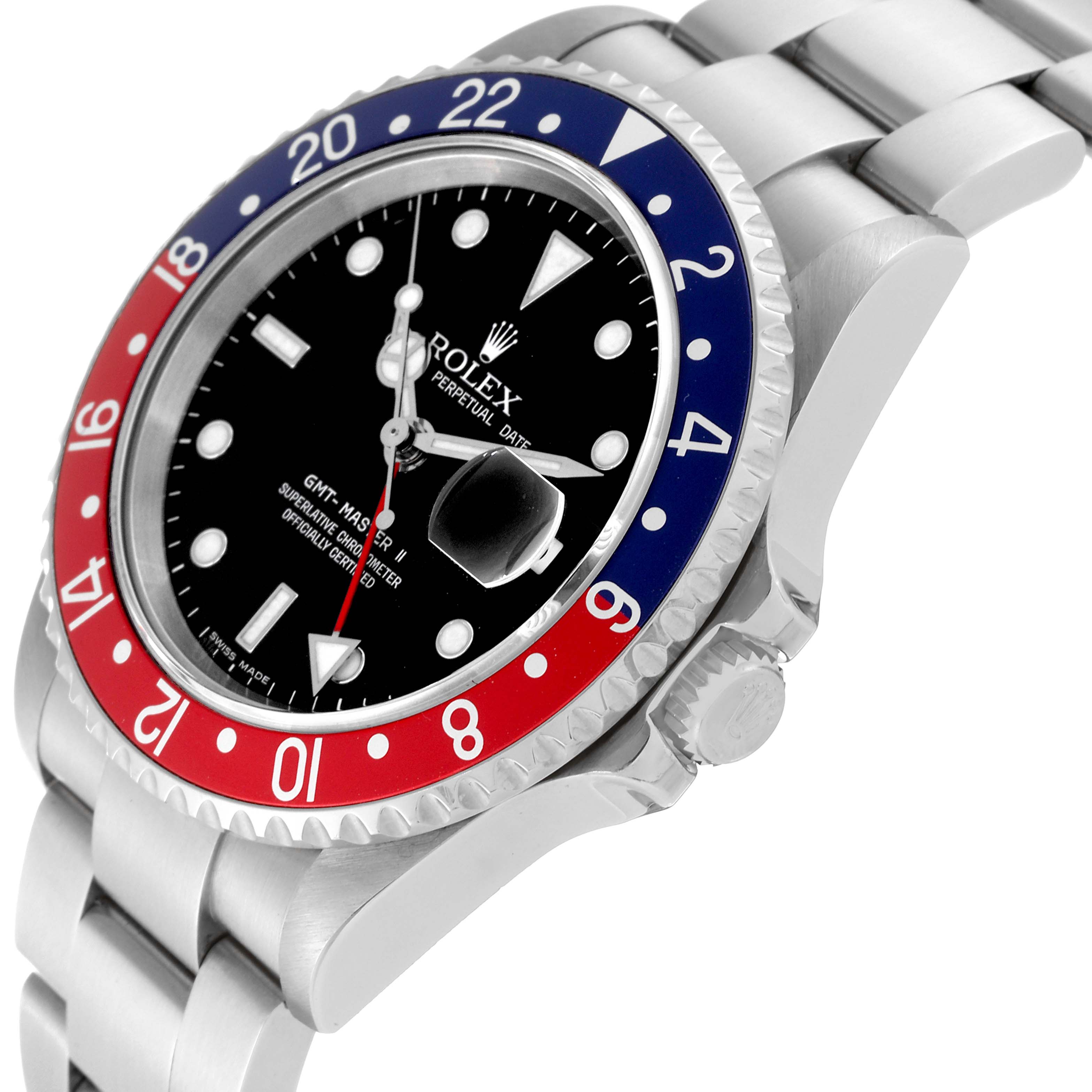 The image shows a Rolex GMT-Master 16710 Men's Stainless Steel Black Dial 16710 Men's Stainless Steel Black Dial watch at a three-quarter angle, highlighting the bezel, dial, crown, and part of the bracelet.