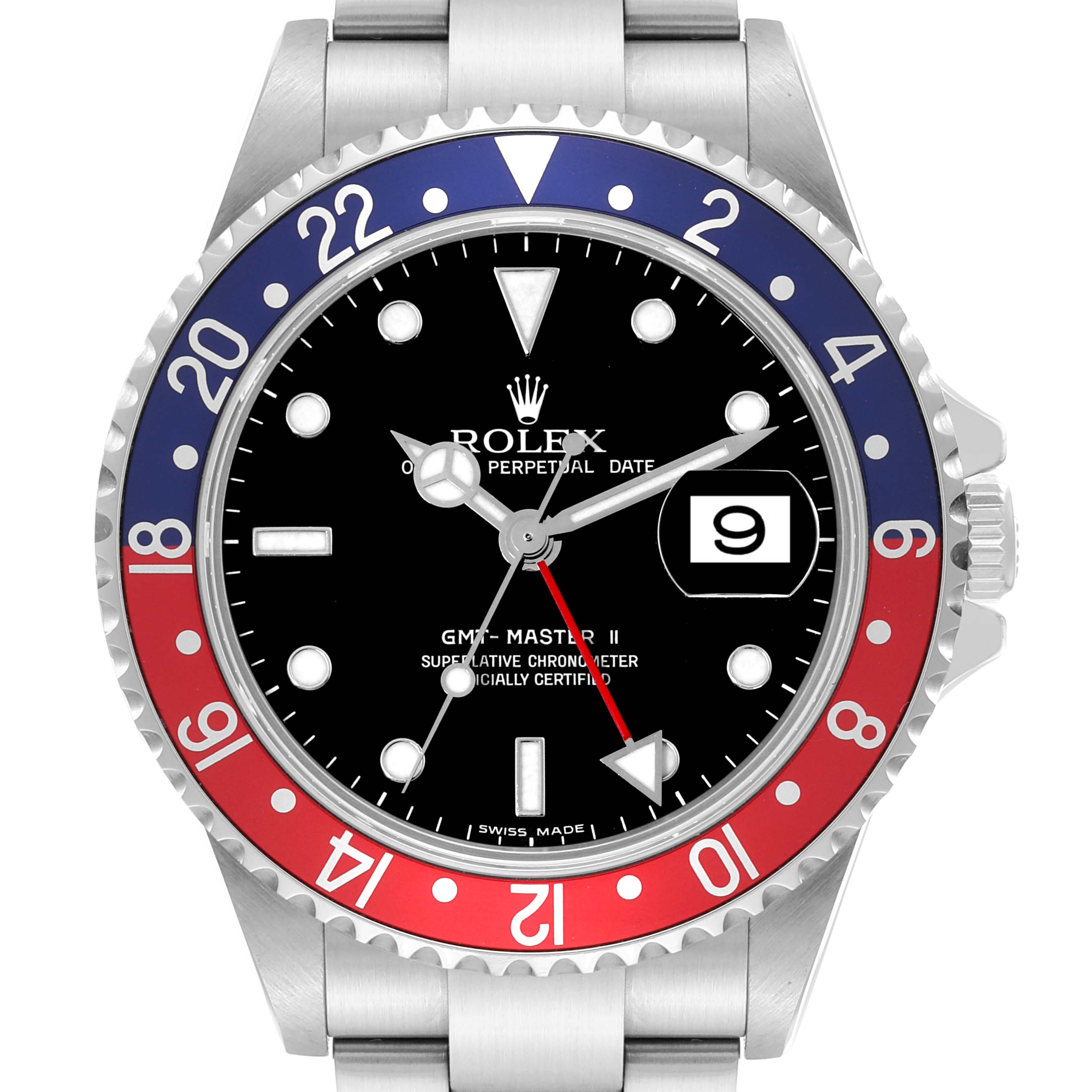 This image shows a frontal view of a Rolex GMT-Master 16710 Men's Stainless Steel Black Dial 16710 Men's Stainless Steel Black Dial II watch, featuring a red and blue bezel and a stainless steel bracelet.