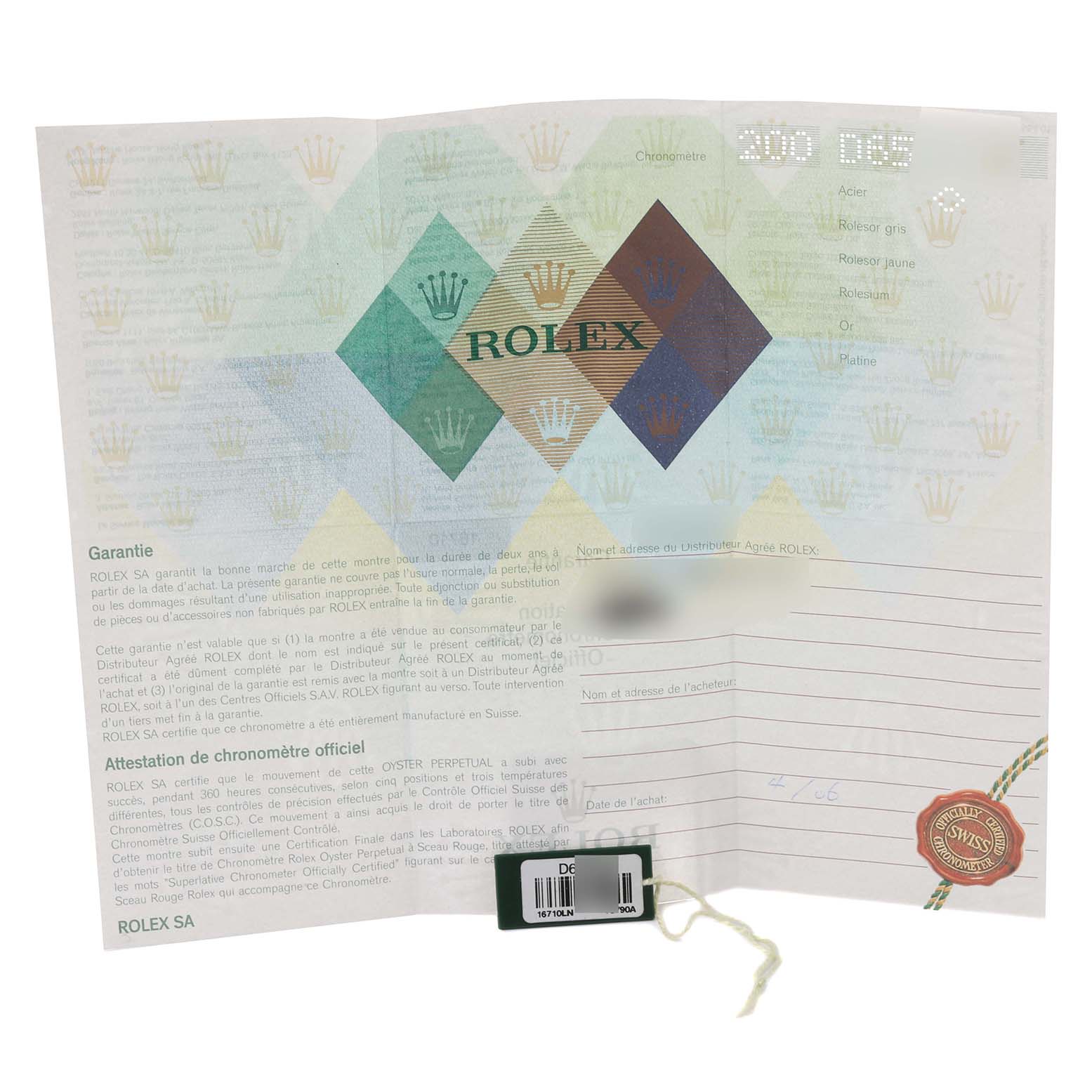 This is a certificate/paperwork for the Rolex GMT-Master 16710 Men's Stainless Steel Black Dial 16710 Men's Stainless Steel Black Dial model, displayed flat with various text and branding.