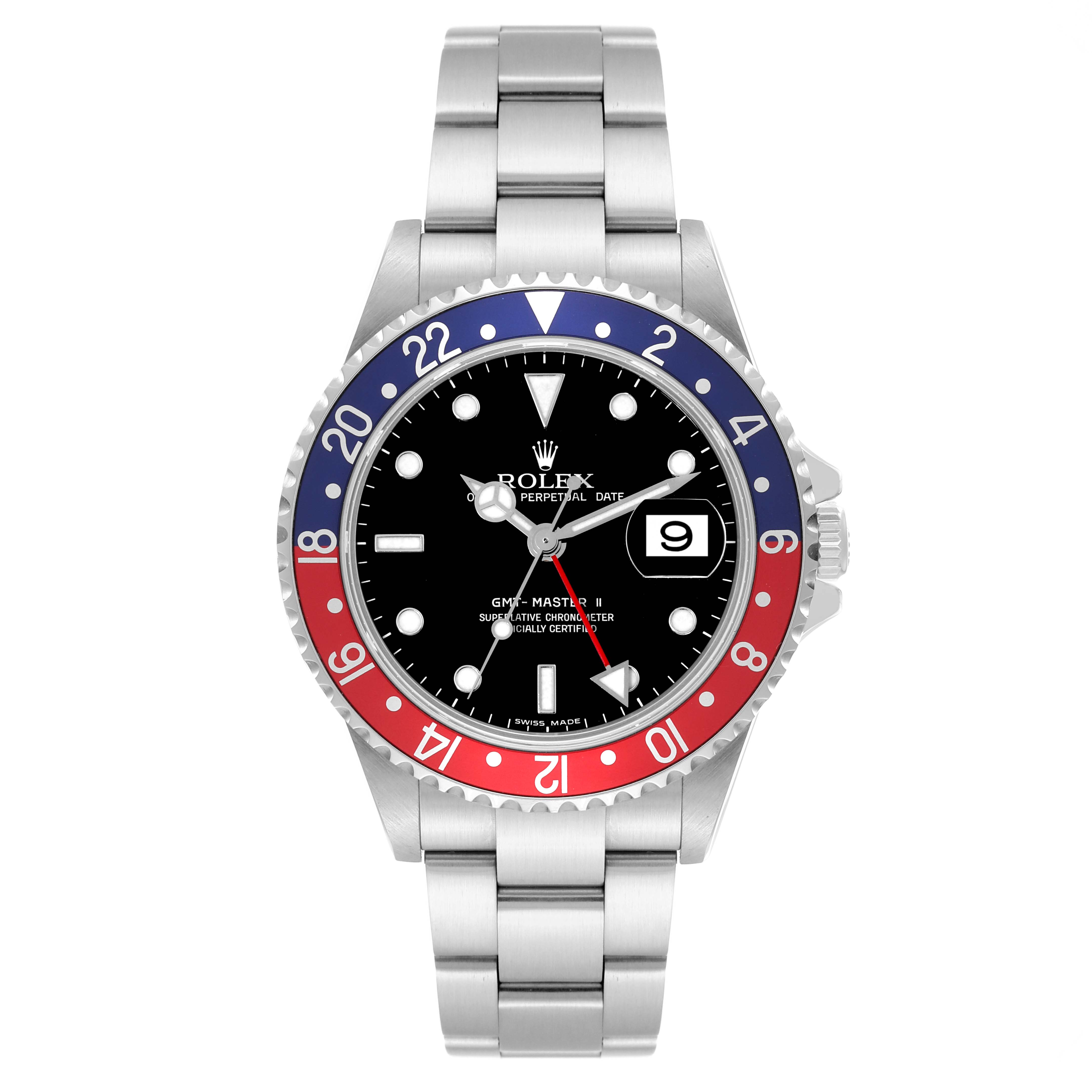 The Rolex GMT-Master 16710 Men's Stainless Steel Black Dial 16710 Men's Stainless Steel Black Dial watch shown from the front displays the bezel, dial, hands, date window, and bracelet.