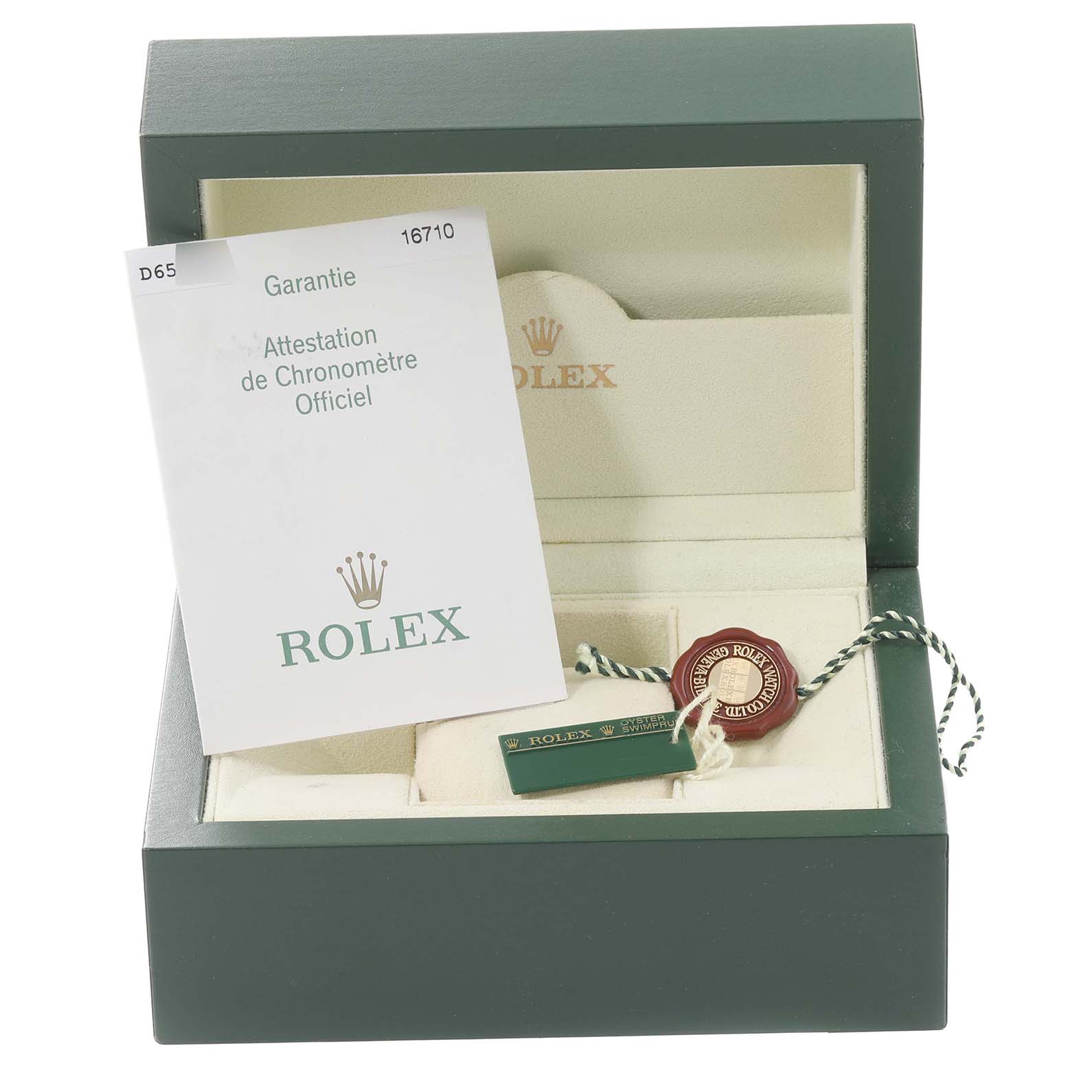 The image shows an open box for a Rolex GMT-Master 16710 Men's Stainless Steel Black Dial 16710 Men's Stainless Steel Black Dial with a warranty card and two tags inside.