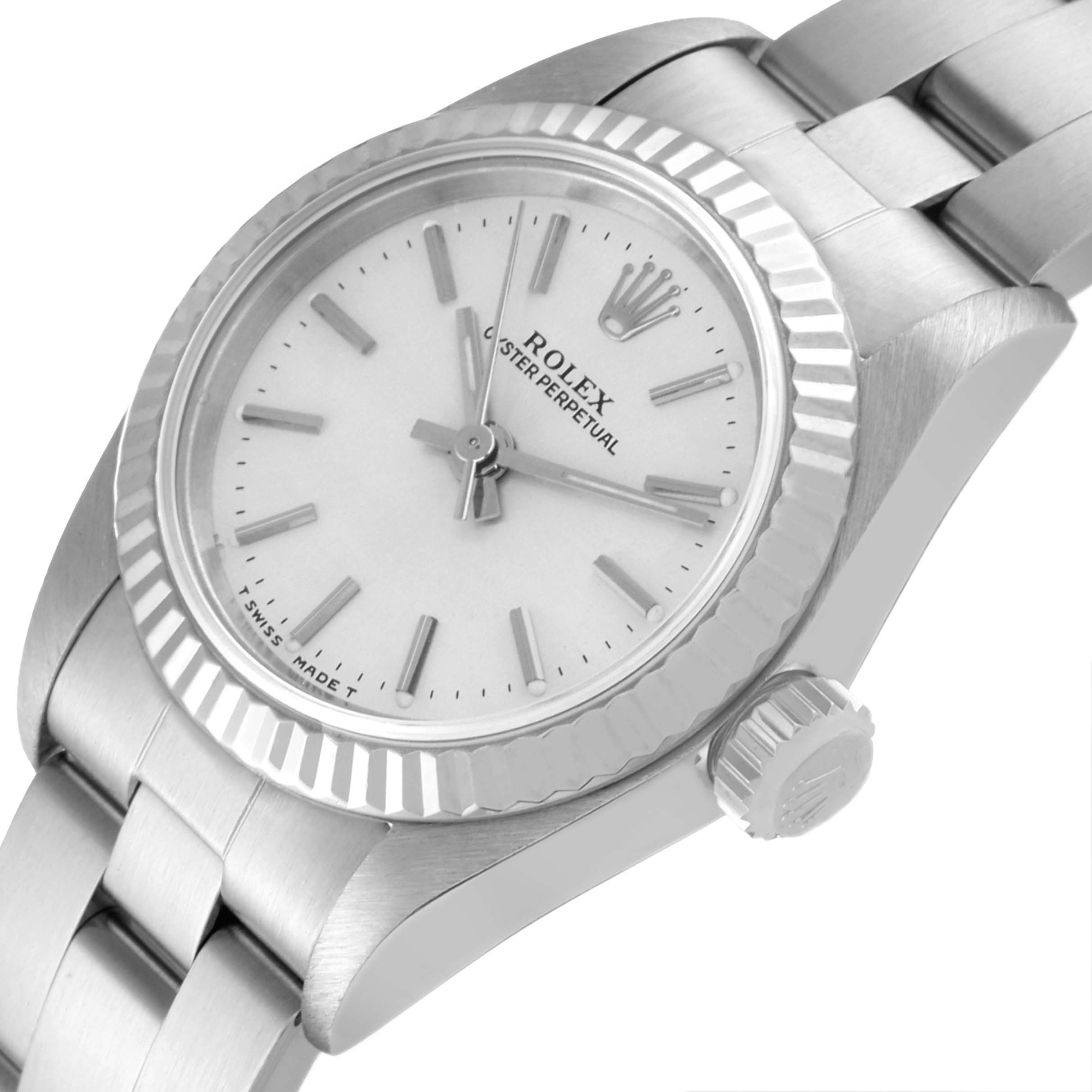 This image shows a close-up angled view of the Rolex Oyster Perpetual 67194 Women
s Stainless Steel Silver Dial 67194 Women
s Stainless Steel Silver Dial watch, highlighting the dial, crown, and part of the bracelet.