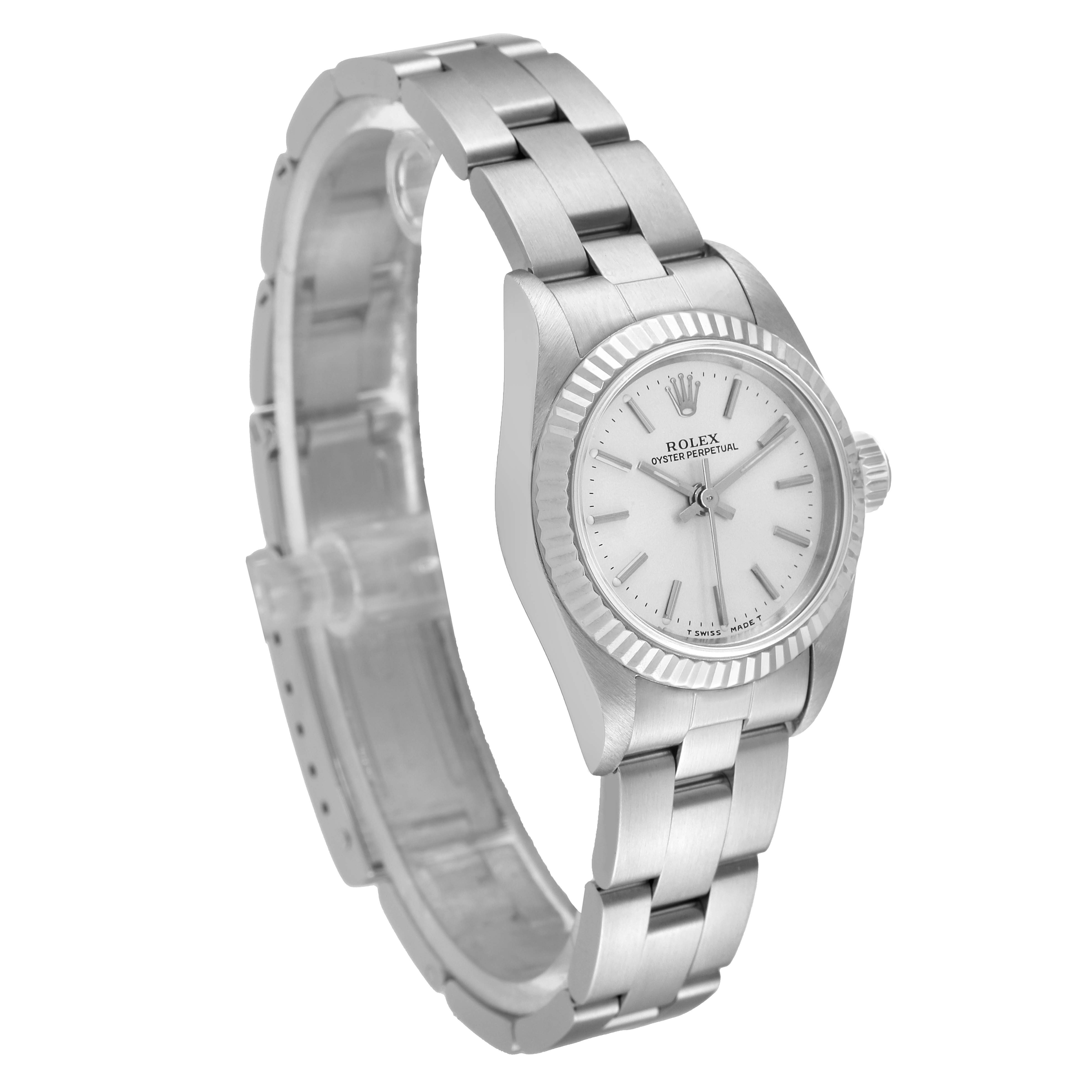 The image shows a Rolex Oyster Perpetual 67194 Women
s Stainless Steel Silver Dial 67194 Women
s Stainless Steel Silver Dial watch at a three-quarter angle, highlighting the dial, bezel, and bracelet.