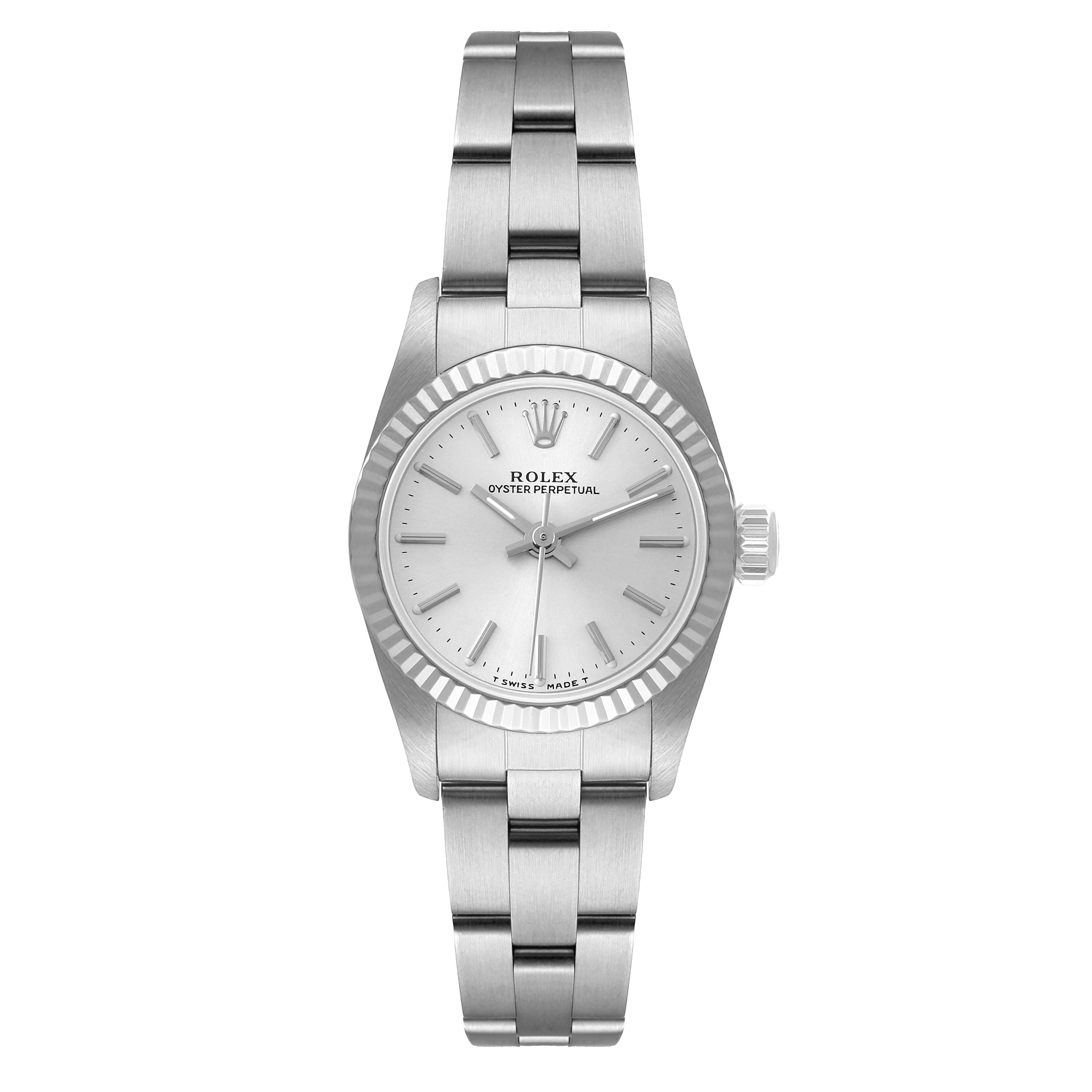 The image shows a front view of a Rolex Oyster Perpetual 67194 Women
s Stainless Steel Silver Dial 67194 Women
s Stainless Steel Silver Dial watch, displaying the face, bezel, and stainless steel bracelet.