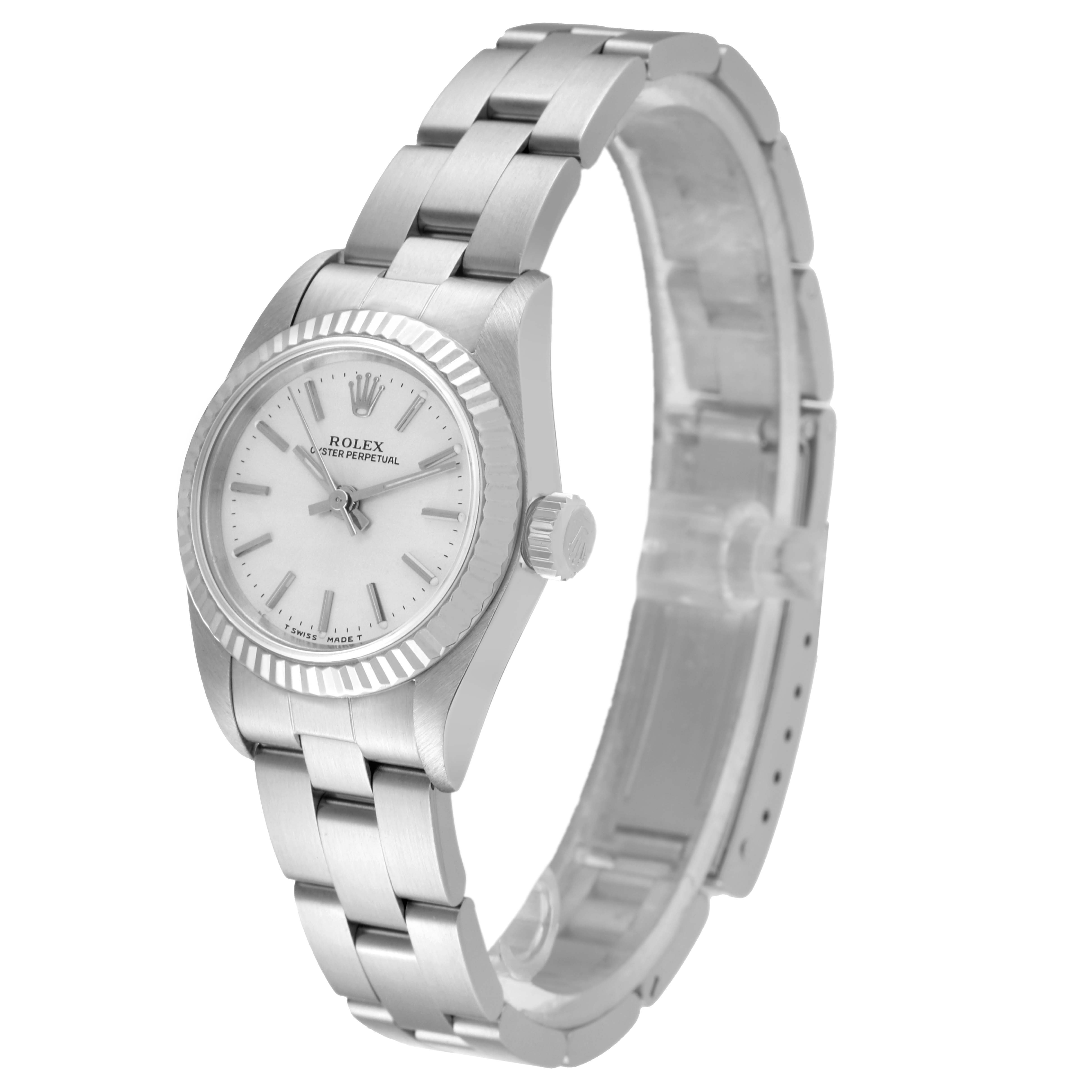 This image shows a Rolex Oyster Perpetual 67194 Women
s Stainless Steel Silver Dial 67194 Women
s Stainless Steel Silver Dial watch from a front and slight side angle, highlighting the watch face, bezel, and bracelet.