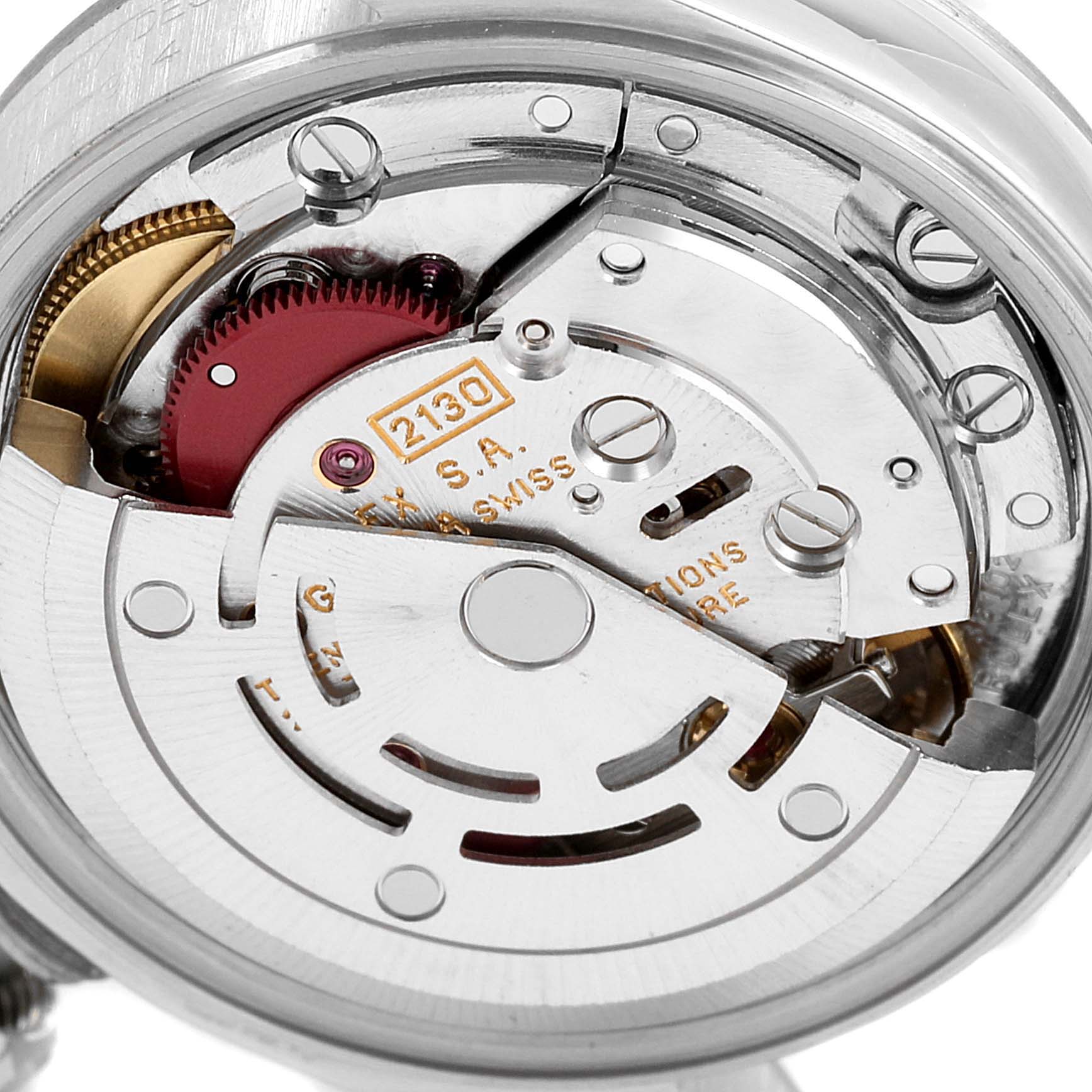 The image shows the internal mechanism of a Rolex Oyster Perpetual 67194 Women
s Stainless Steel Silver Dial 67194 Women
s Stainless Steel Silver Dial watch, specifically focusing on its movement components.