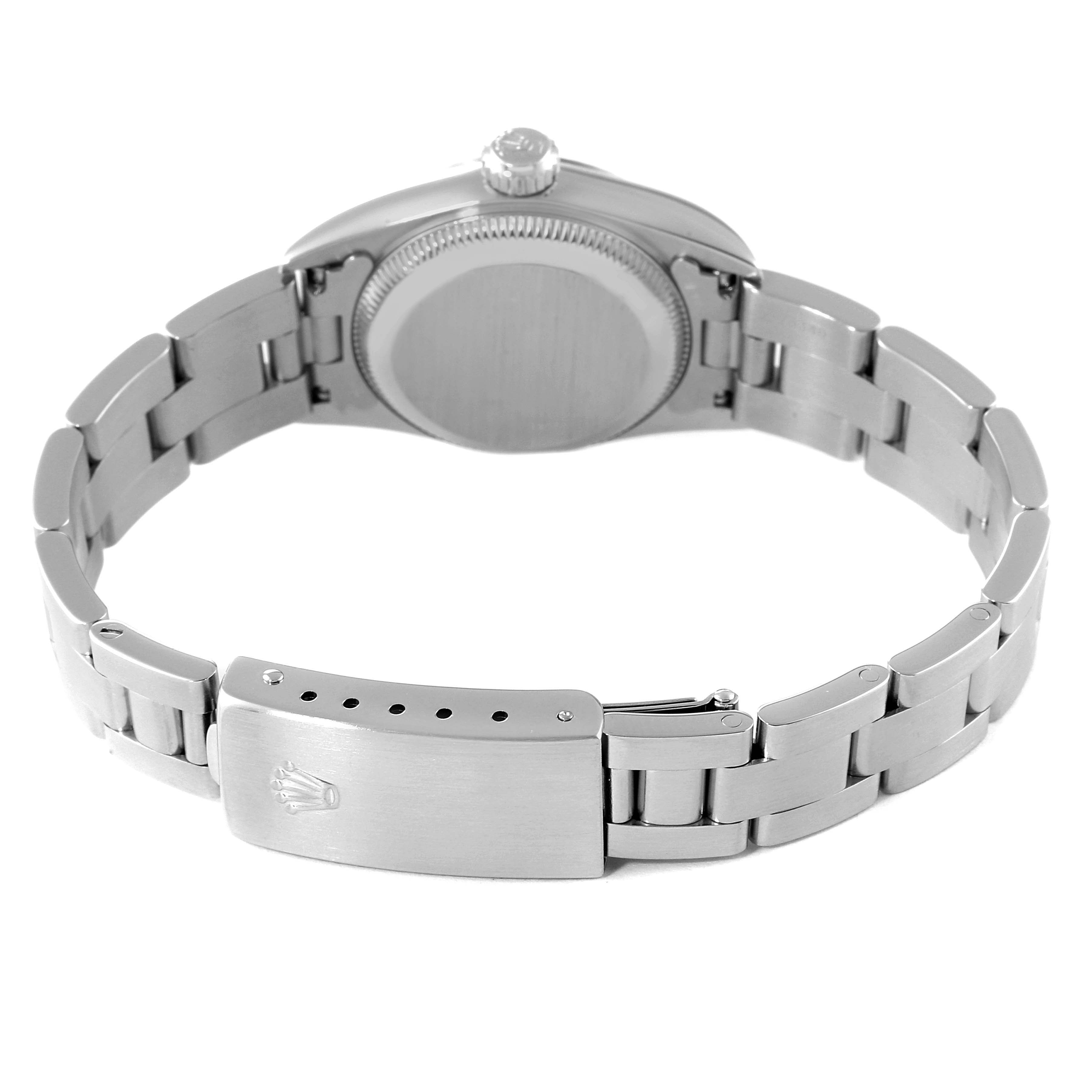 This image shows the back and band of a Rolex Oyster Perpetual 67194 Women
s Stainless Steel Silver Dial 67194 Women
s Stainless Steel Silver Dial watch, highlighting the clasp and case back.