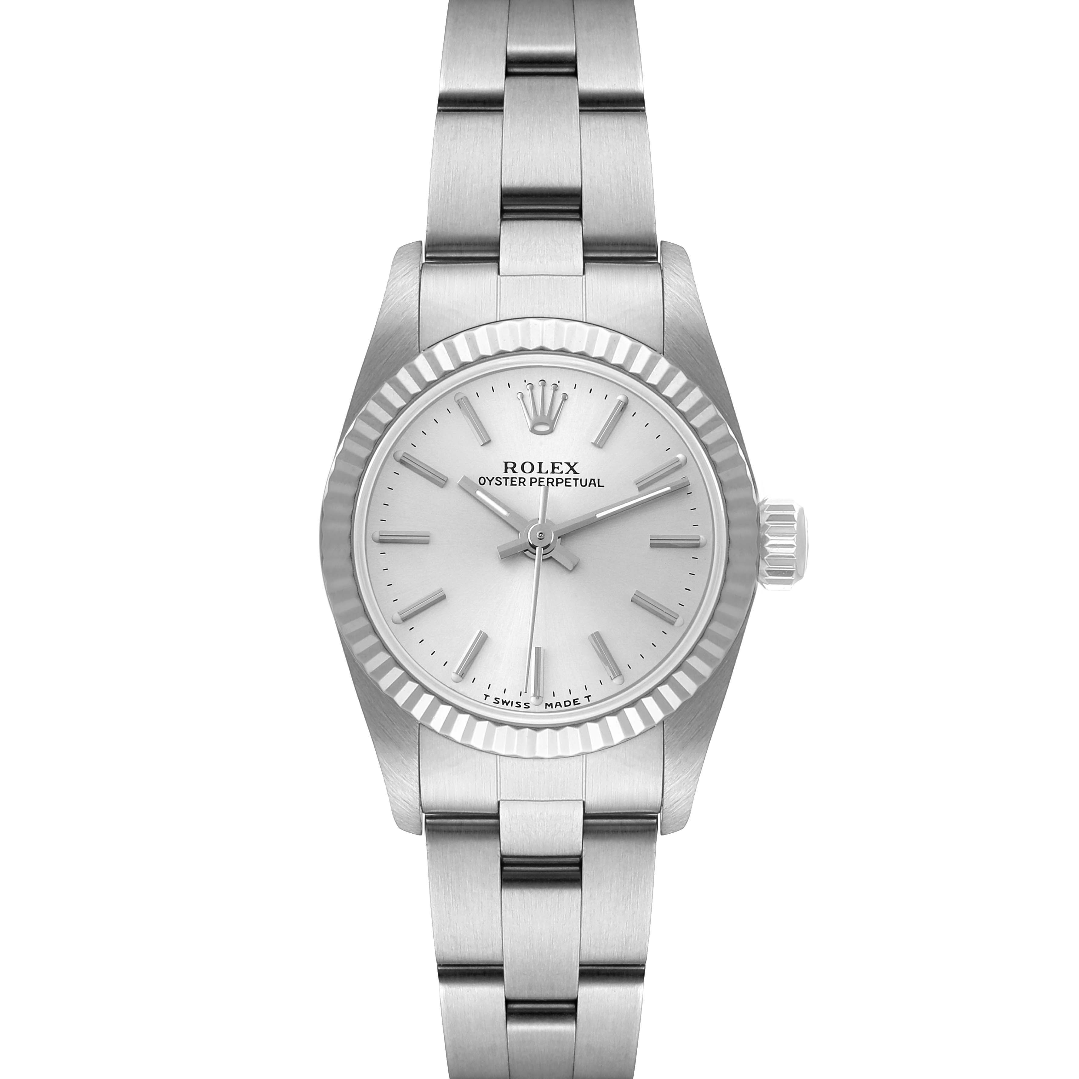 The image shows a frontal view of the Rolex Oyster Perpetual 67194 Women
s Stainless Steel Silver Dial 67194 Women
s Stainless Steel Silver Dial watch, displaying the entire face and bracelet.