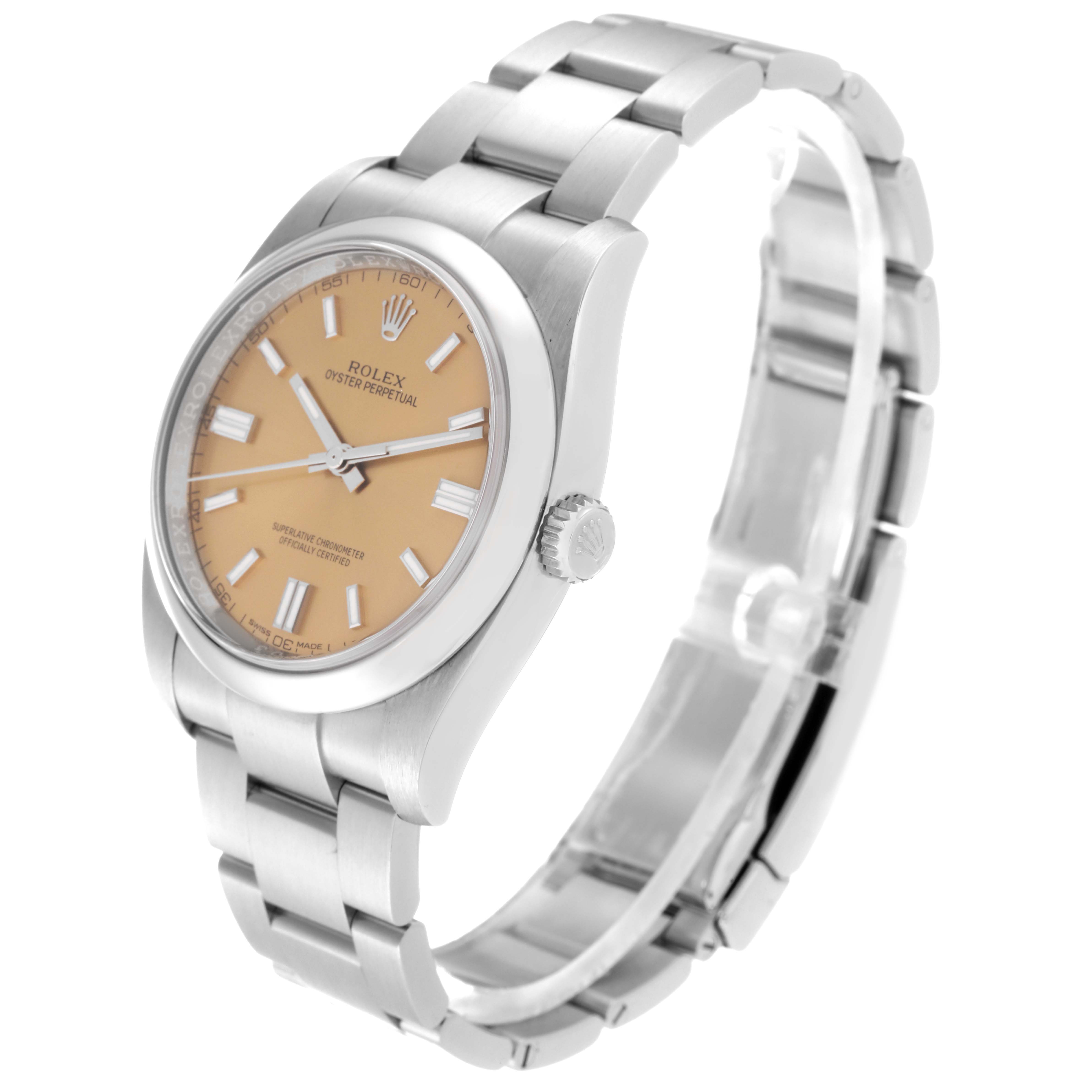 The Rolex Oyster Perpetual 116000 Men's Stainless Steel Champagne Dial 116000 Men's Stainless Steel Champagne Dial watch is shown at a three-quarter angle, displaying the face with a pink dial and stainless steel bracelet.