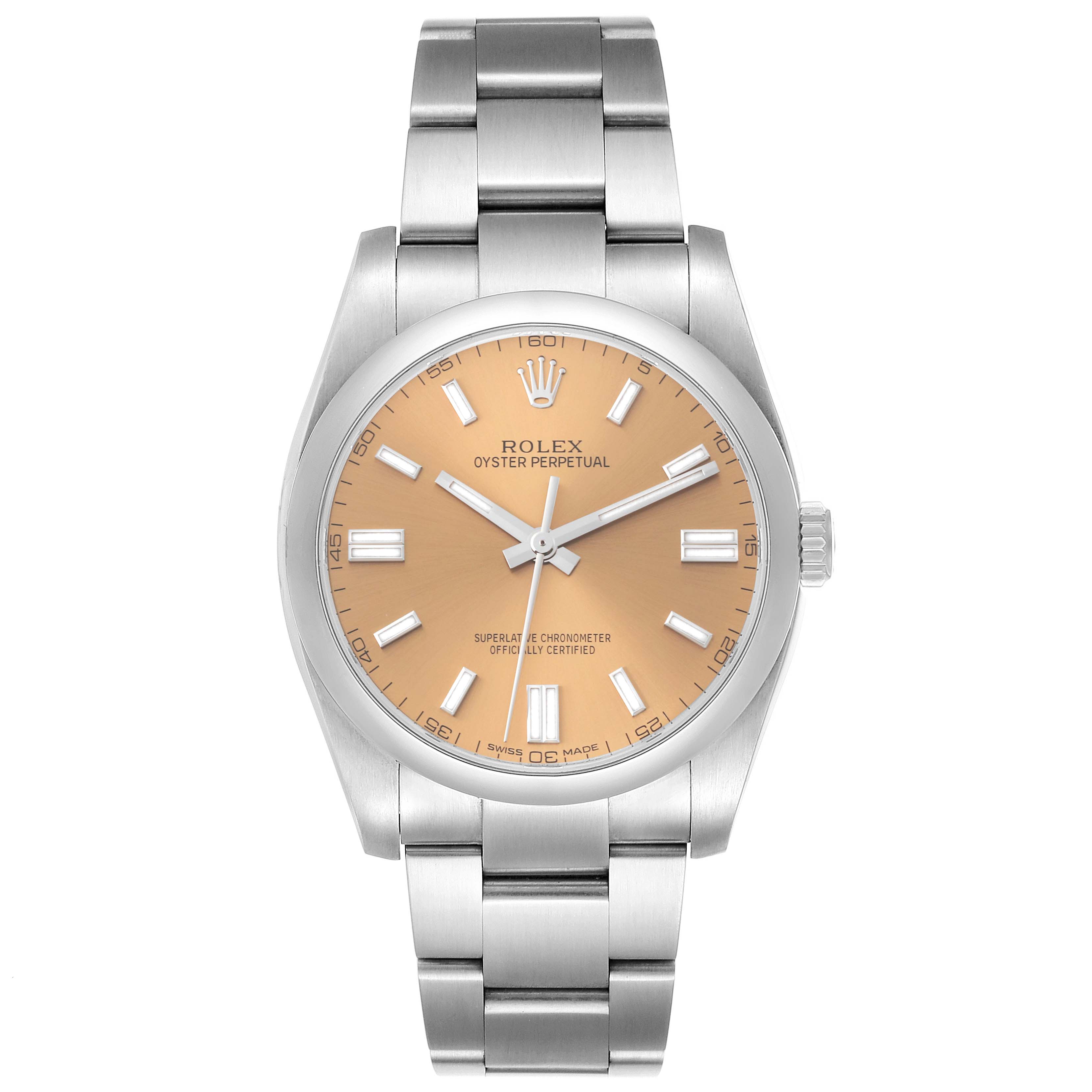The image shows a front view of a Rolex Oyster Perpetual 116000 Men's Stainless Steel Champagne Dial 116000 Men's Stainless Steel Champagne Dial watch, displaying the face, dial, and bracelet.