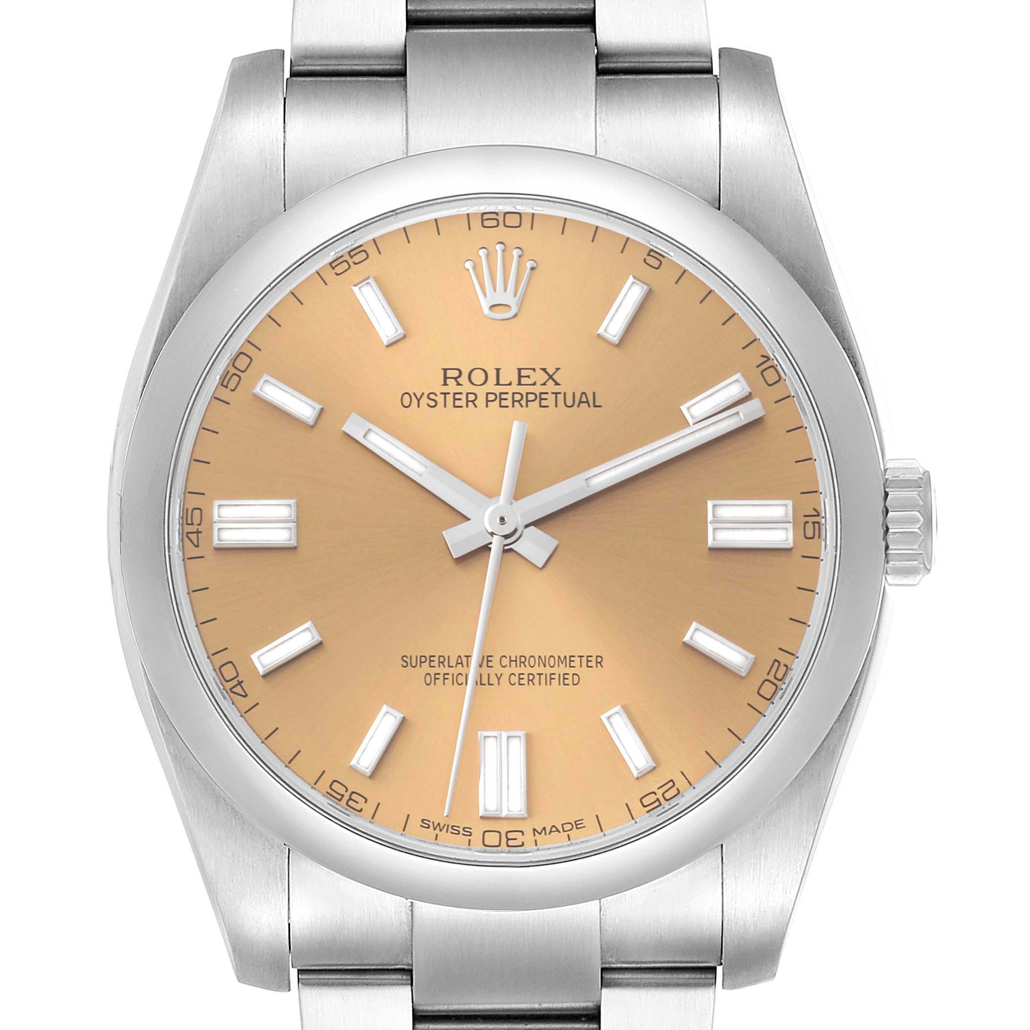 This image shows a front view of the Rolex Oyster Perpetual 116000 Men's Stainless Steel Champagne Dial 116000 Men's Stainless Steel Champagne Dial watch, displaying its dial, hands, and part of the bracelet.
