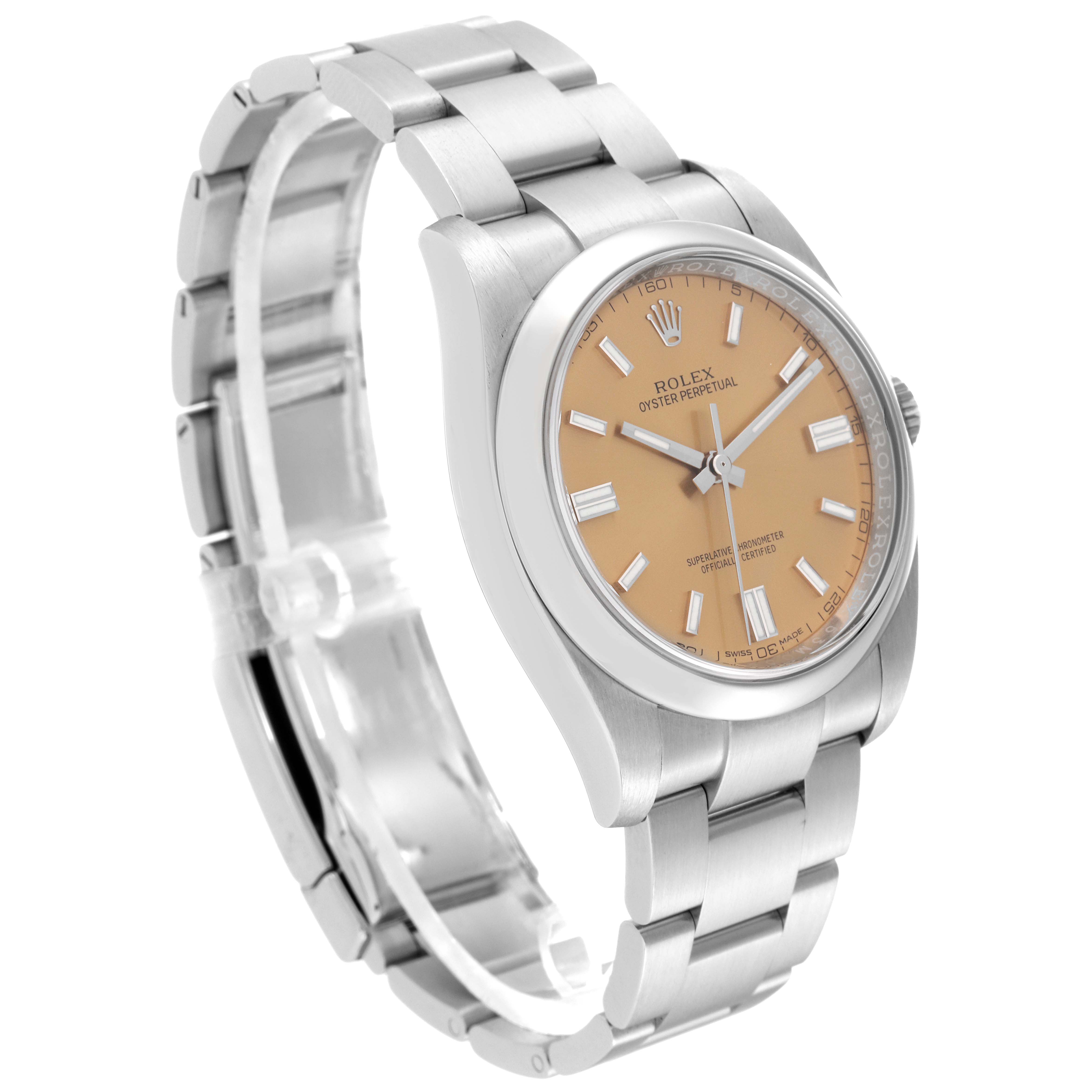 The Rolex Oyster Perpetual 116000 Men's Stainless Steel Champagne Dial 116000 Men's Stainless Steel Champagne Dial watch is shown at a three-quarter angle, displaying the dial, case, and a portion of the bracelet.