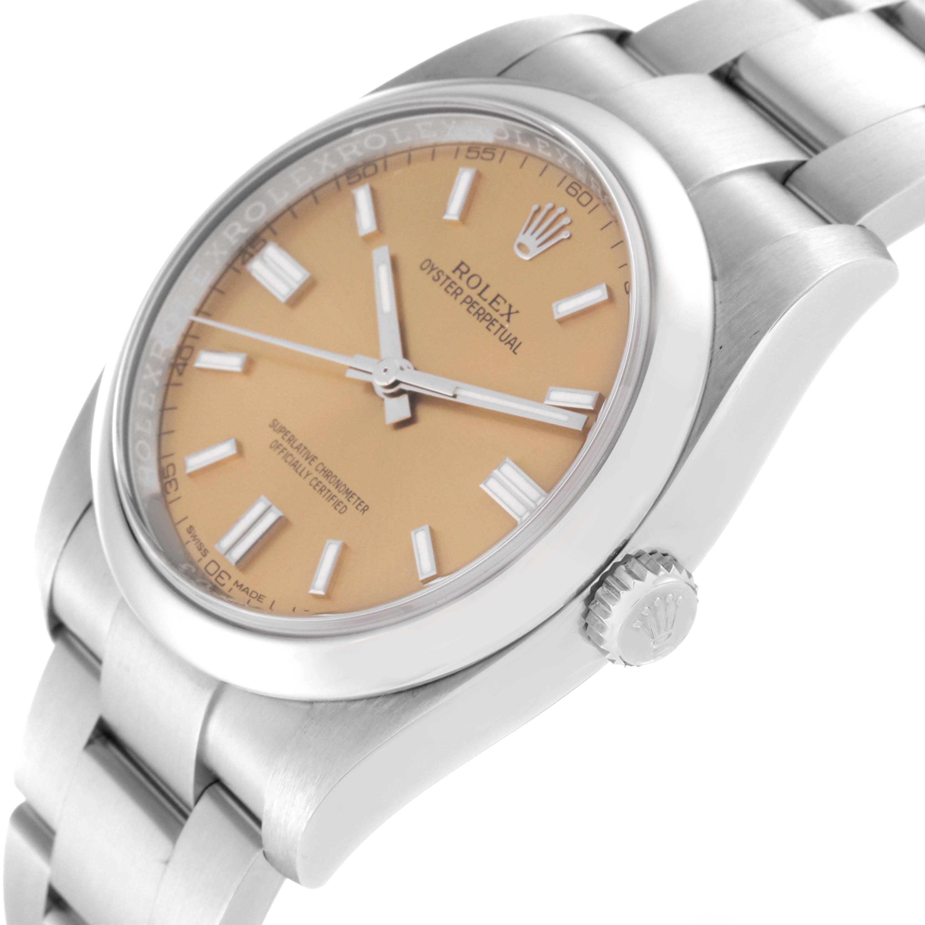 The image shows a side angle of the Rolex Oyster Perpetual 116000 Men's Stainless Steel Champagne Dial 116000 Men's Stainless Steel Champagne Dial watch, highlighting its crown, bracelet, and beige dial.