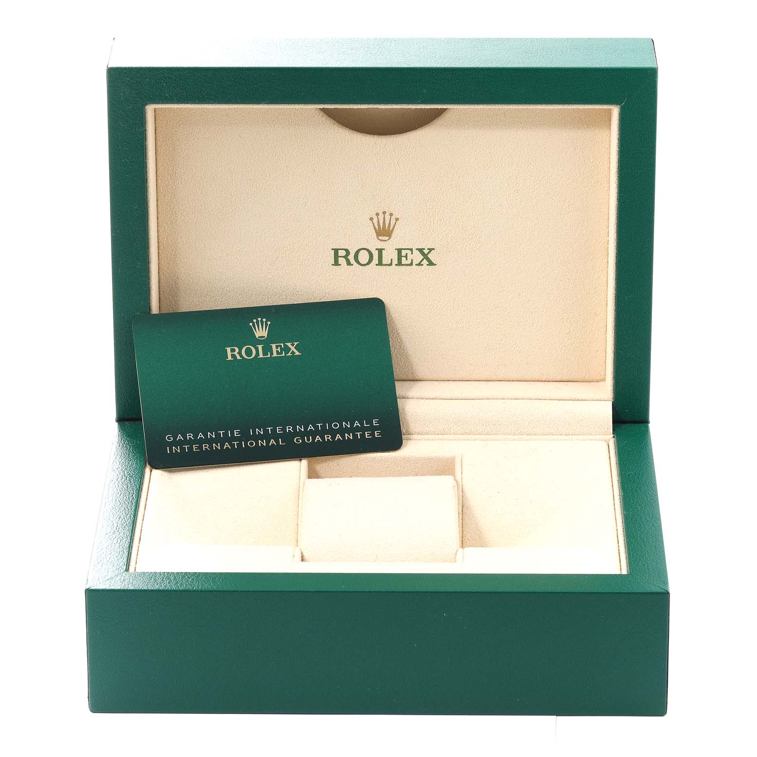 The image shows a Rolex Oyster Perpetual 116000 Men's Stainless Steel Champagne Dial 116000 Men's Stainless Steel Champagne Dial box with an international guarantee card, both seen from the front.