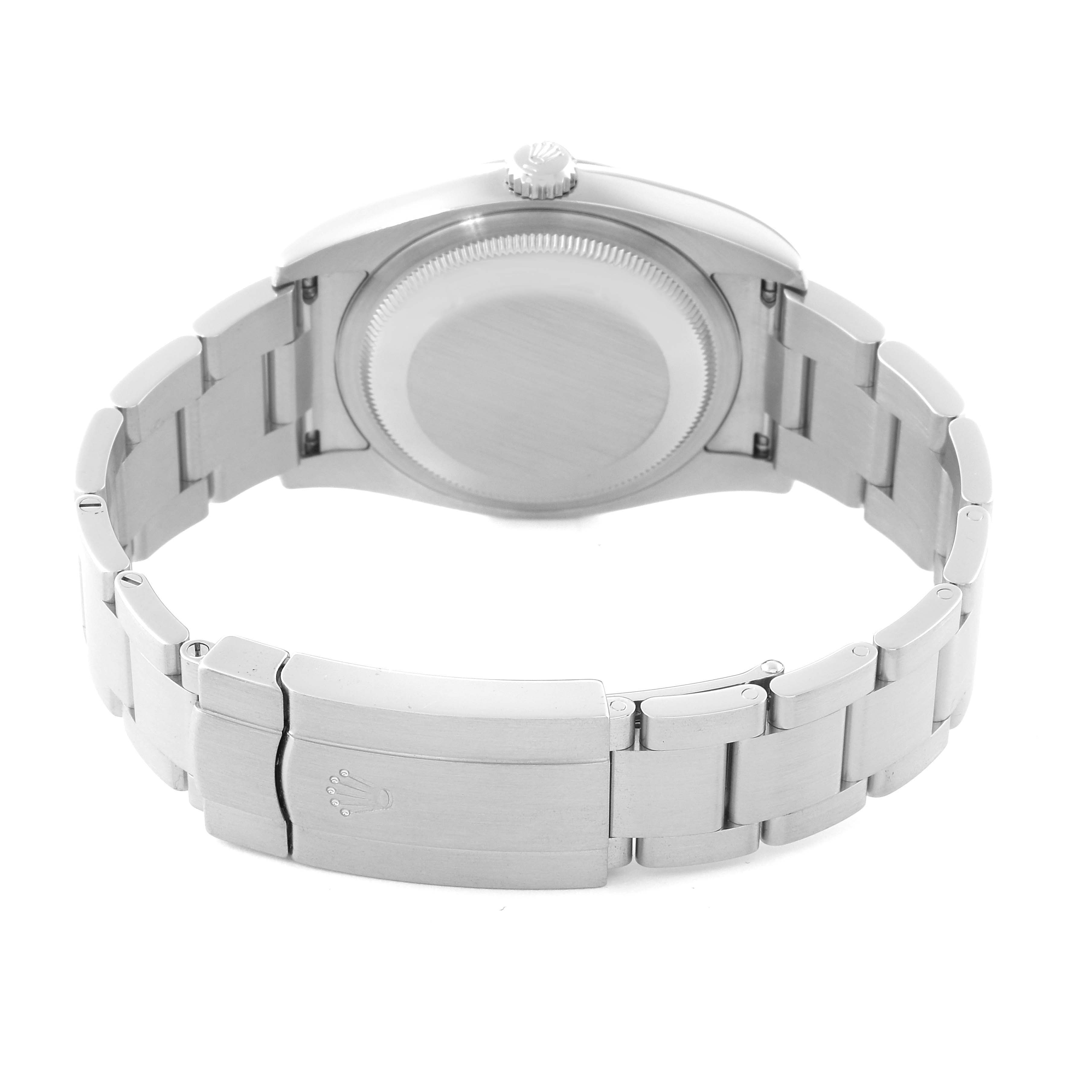 This image shows the back view of a Rolex Oyster Perpetual 116000 Men's Stainless Steel Champagne Dial 116000 Men's Stainless Steel Champagne Dial watch, highlighting the caseback and the metal bracelet with the clasp.