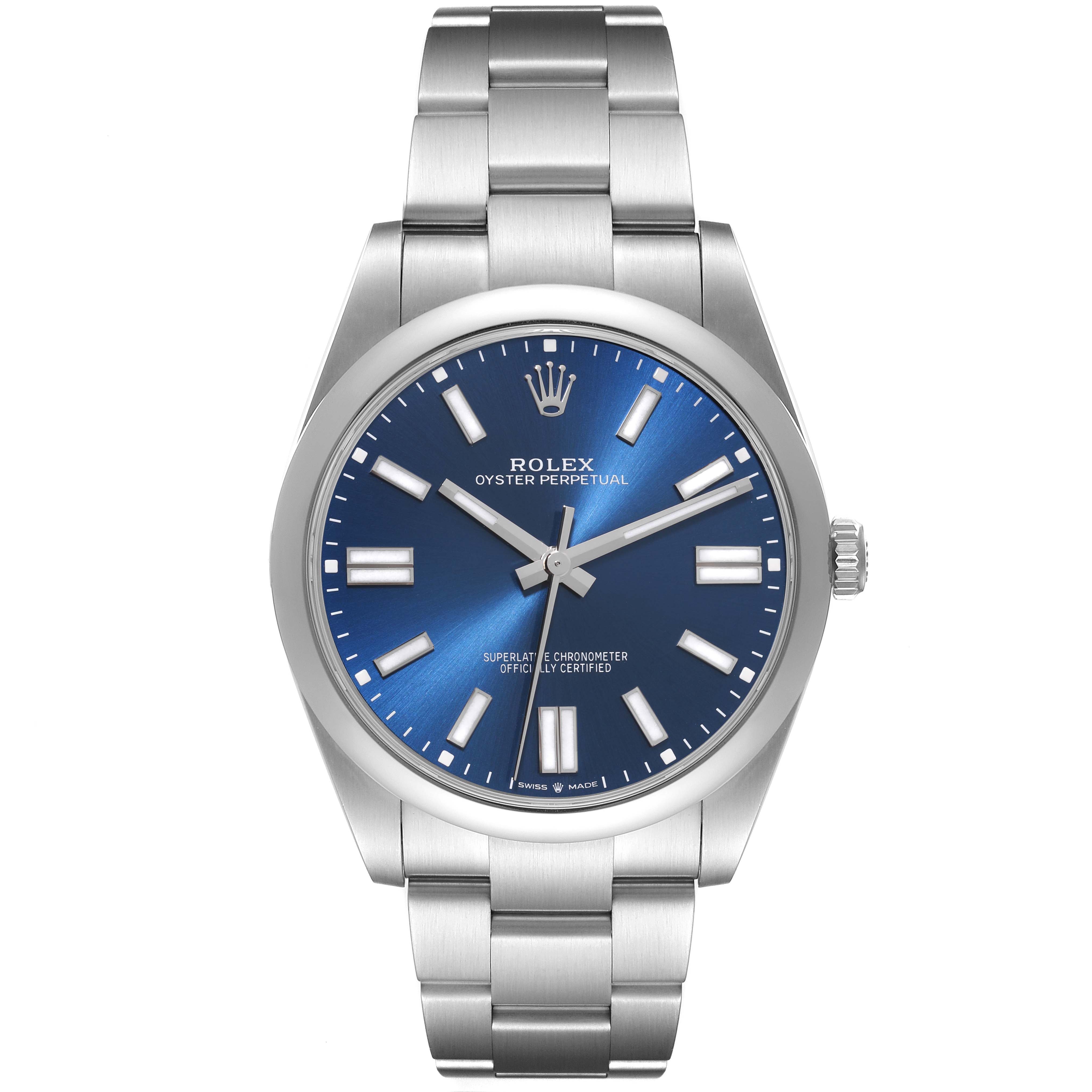 This is a frontal view of a Rolex Oyster Perpetual 124300 Men
s Stainless Steel Blue Dial 124300 Men
s Stainless Steel Blue Dial watch showcasing its blue dial and stainless steel bracelet.