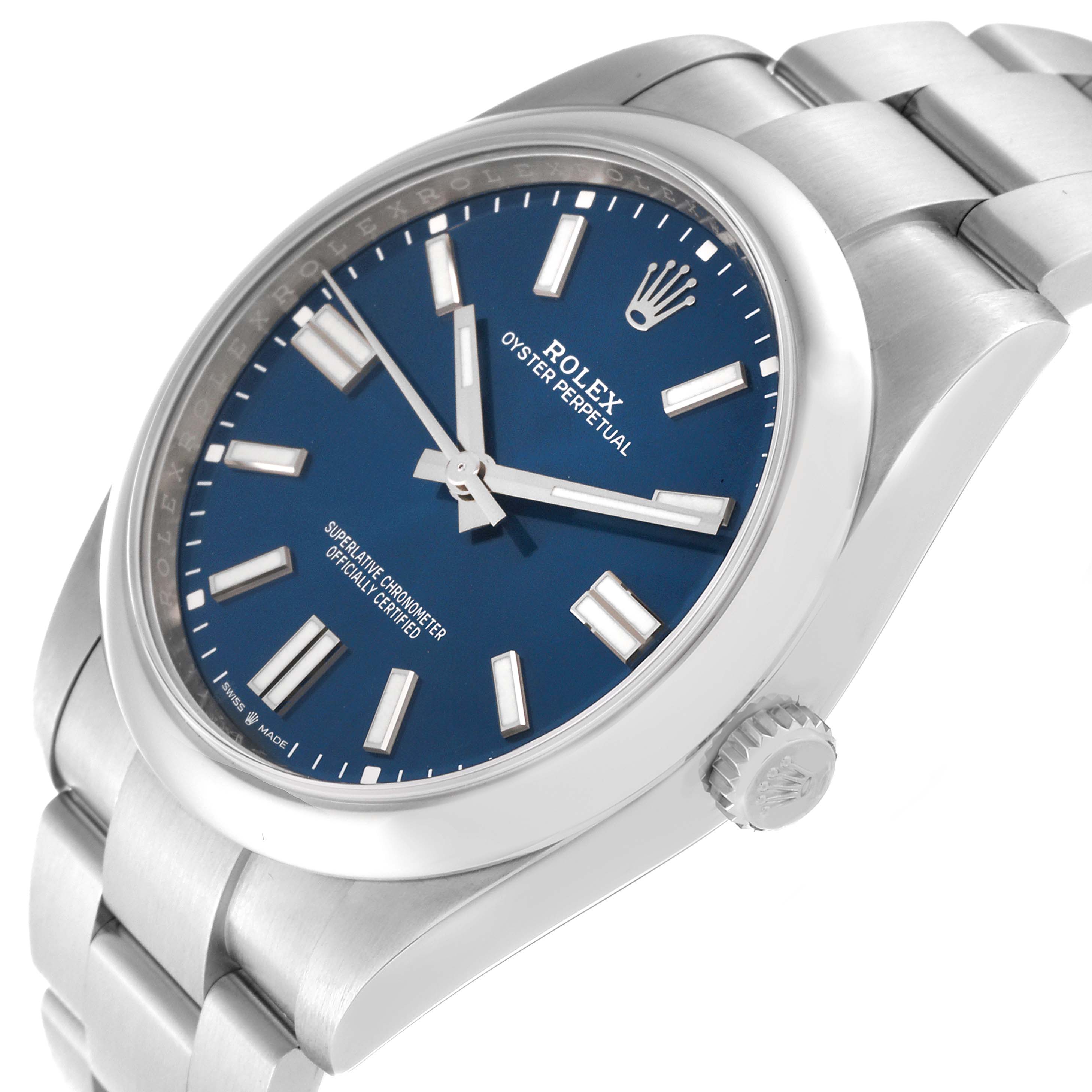 This Rolex Oyster Perpetual 124300 Men
s Stainless Steel Blue Dial 124300 Men
s Stainless Steel Blue Dial watch is shown from an oblique overhead angle, displaying the dial, case, crown, and bracelet.