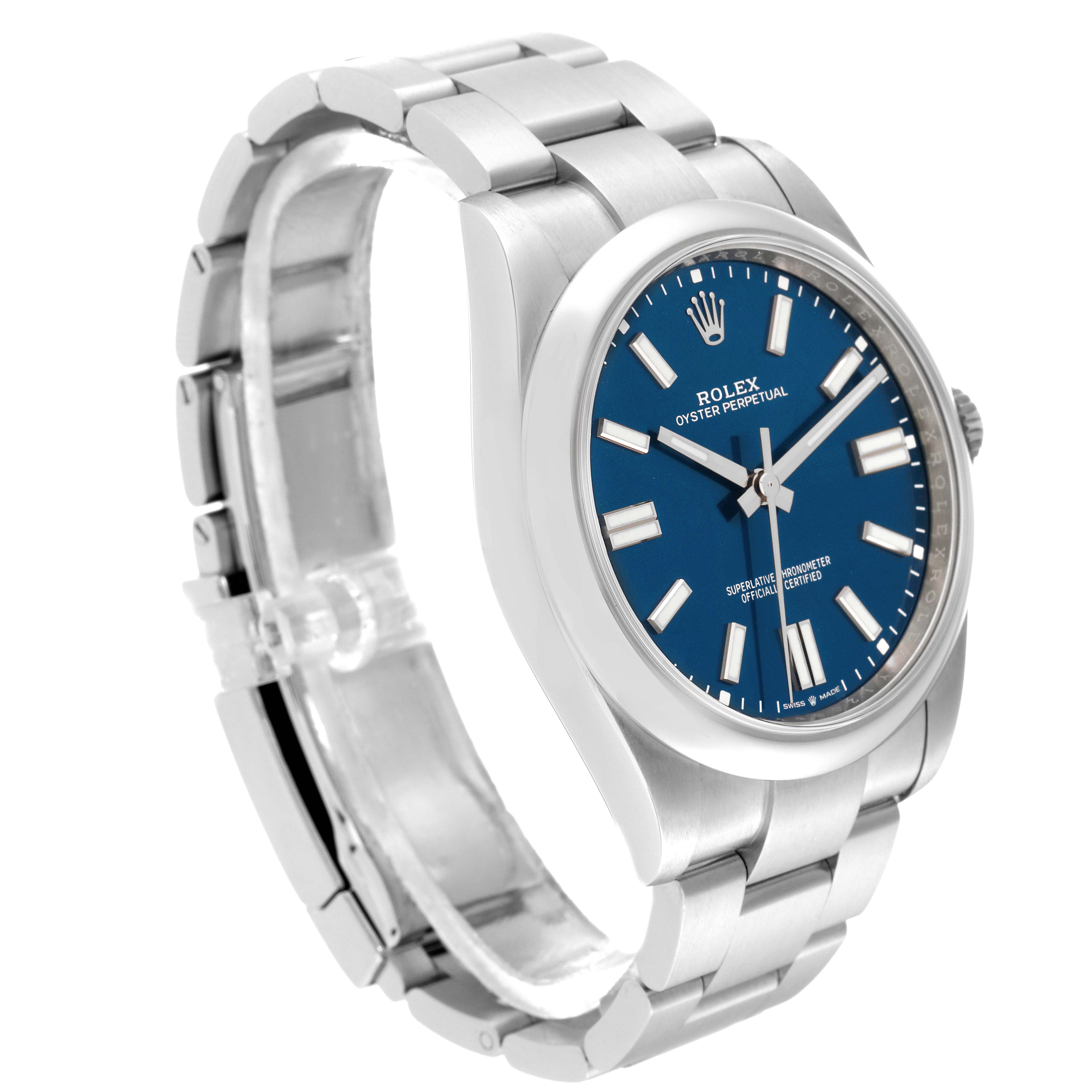 This image shows a side-angle view of the Rolex Oyster Perpetual 124300 Men
s Stainless Steel Blue Dial 124300 Men
s Stainless Steel Blue Dial watch, highlighting the bracelet, case, and blue dial.