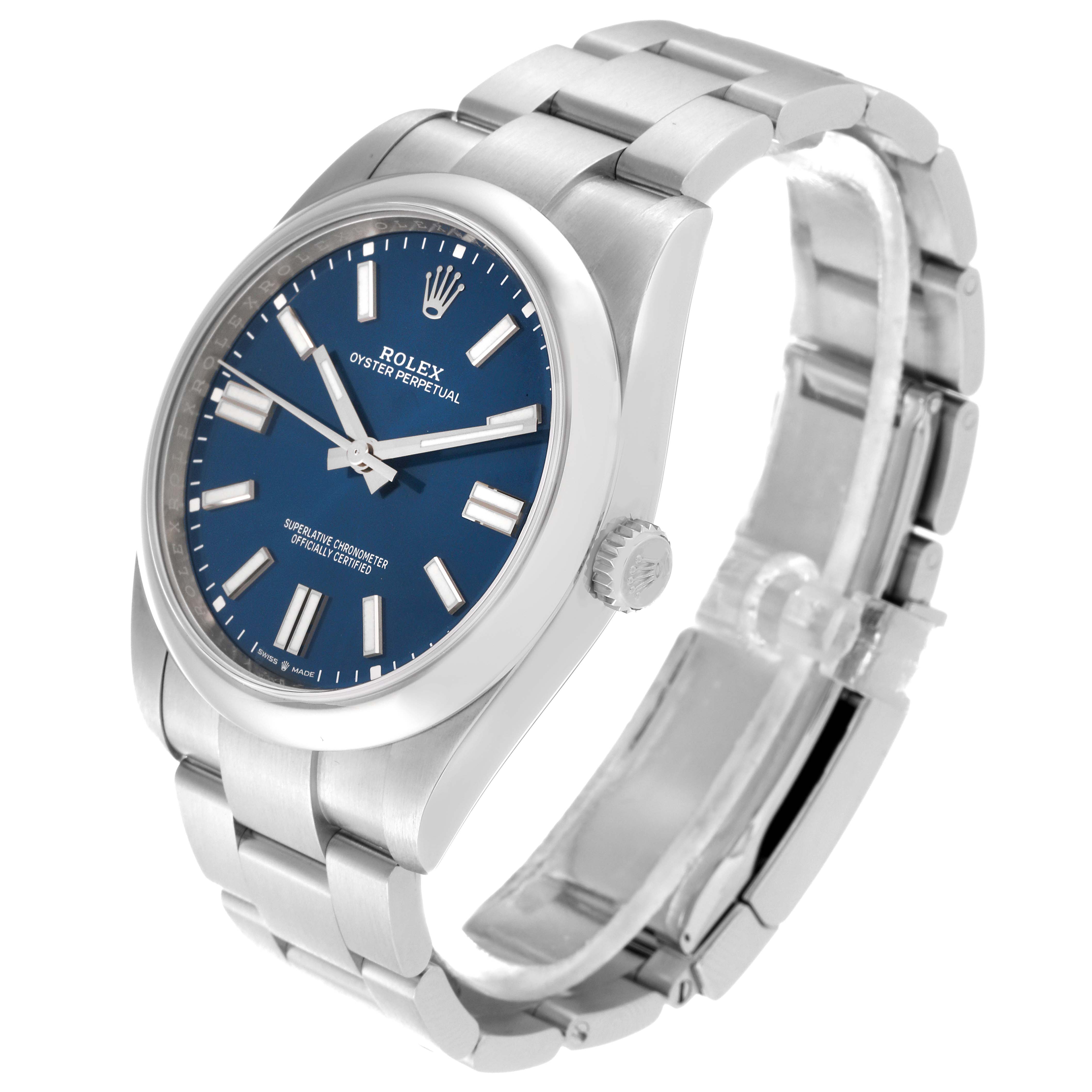 The Rolex Oyster Perpetual 124300 Men
s Stainless Steel Blue Dial 124300 Men
s Stainless Steel Blue Dial watch is shown at an angle, highlighting the face, bezel, crown, and bracelet.