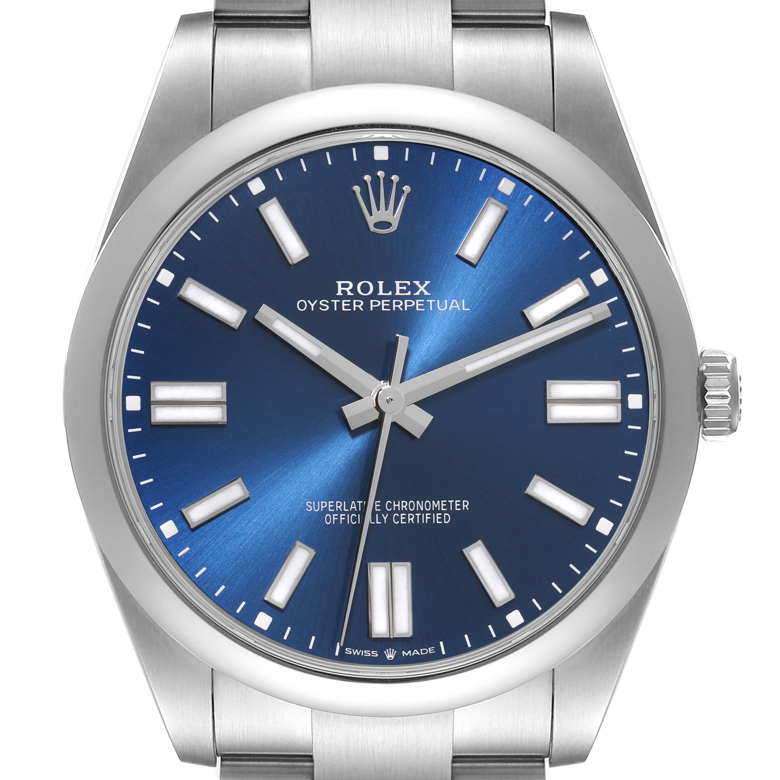 This image shows a close-up of the dial, hour markers, and crown of a Rolex Oyster Perpetual 124300 Men
s Stainless Steel Blue Dial 124300 Men
s Stainless Steel Blue Dial watch.