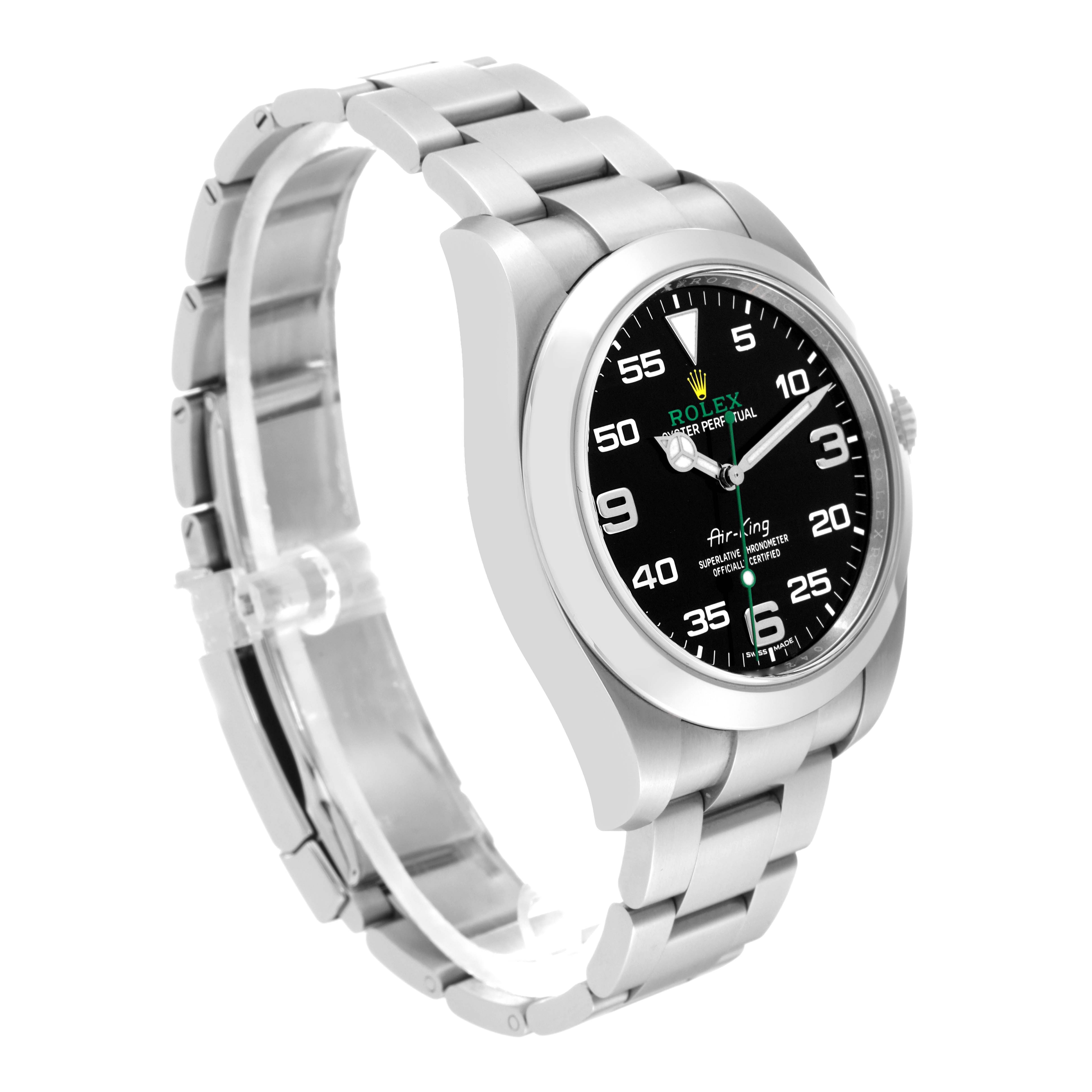 The Rolex Air-King 116900 Men's Stainless Steel Black Dial 116900 Men's Stainless Steel Black Dial watch is shown at an angle displaying the face, bezel, crown, and part of the bracelet.