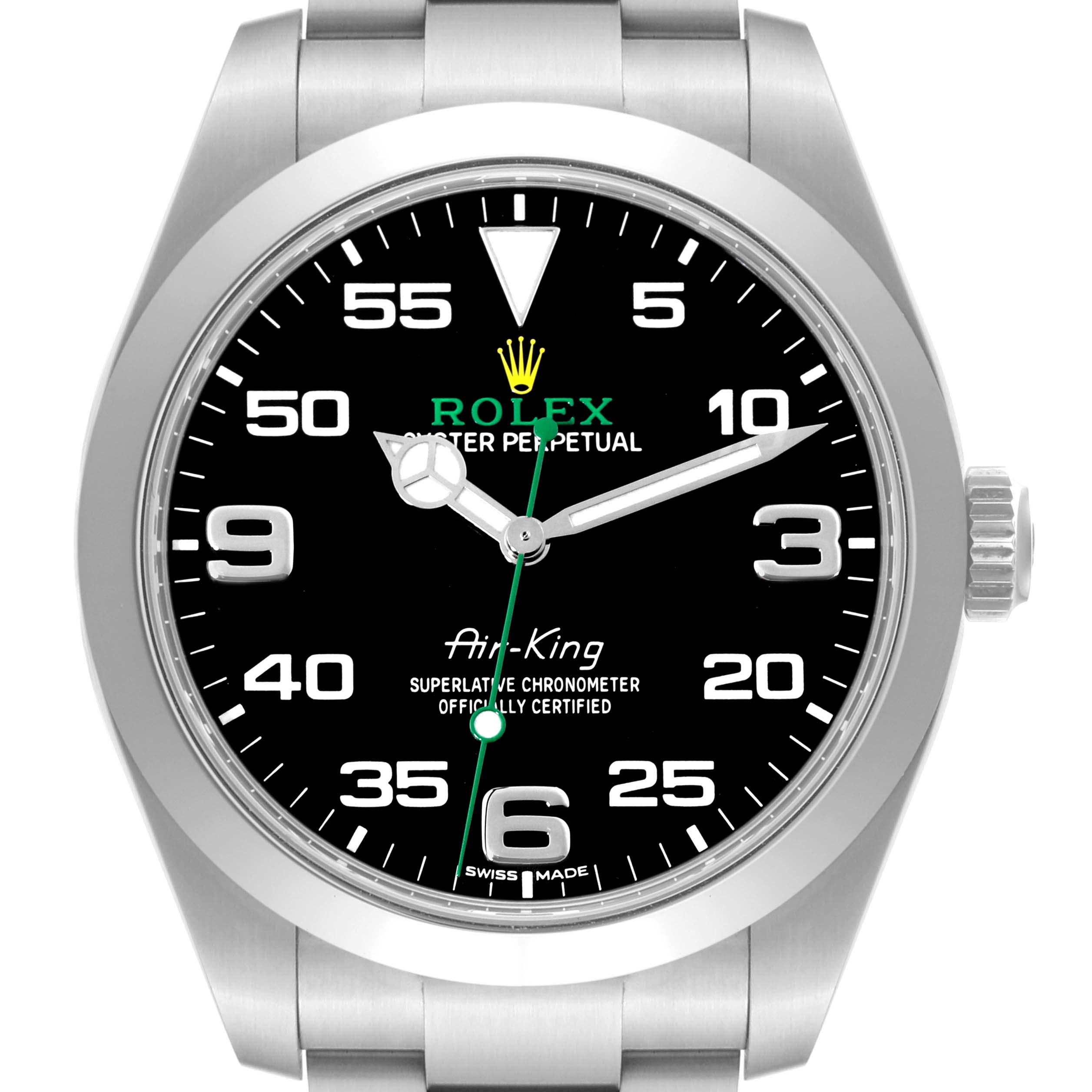 The image shows a front view of the Rolex Air-King 116900 Men's Stainless Steel Black Dial 116900 Men's Stainless Steel Black Dial watch, highlighting its face, bezel, and part of its bracelet.
