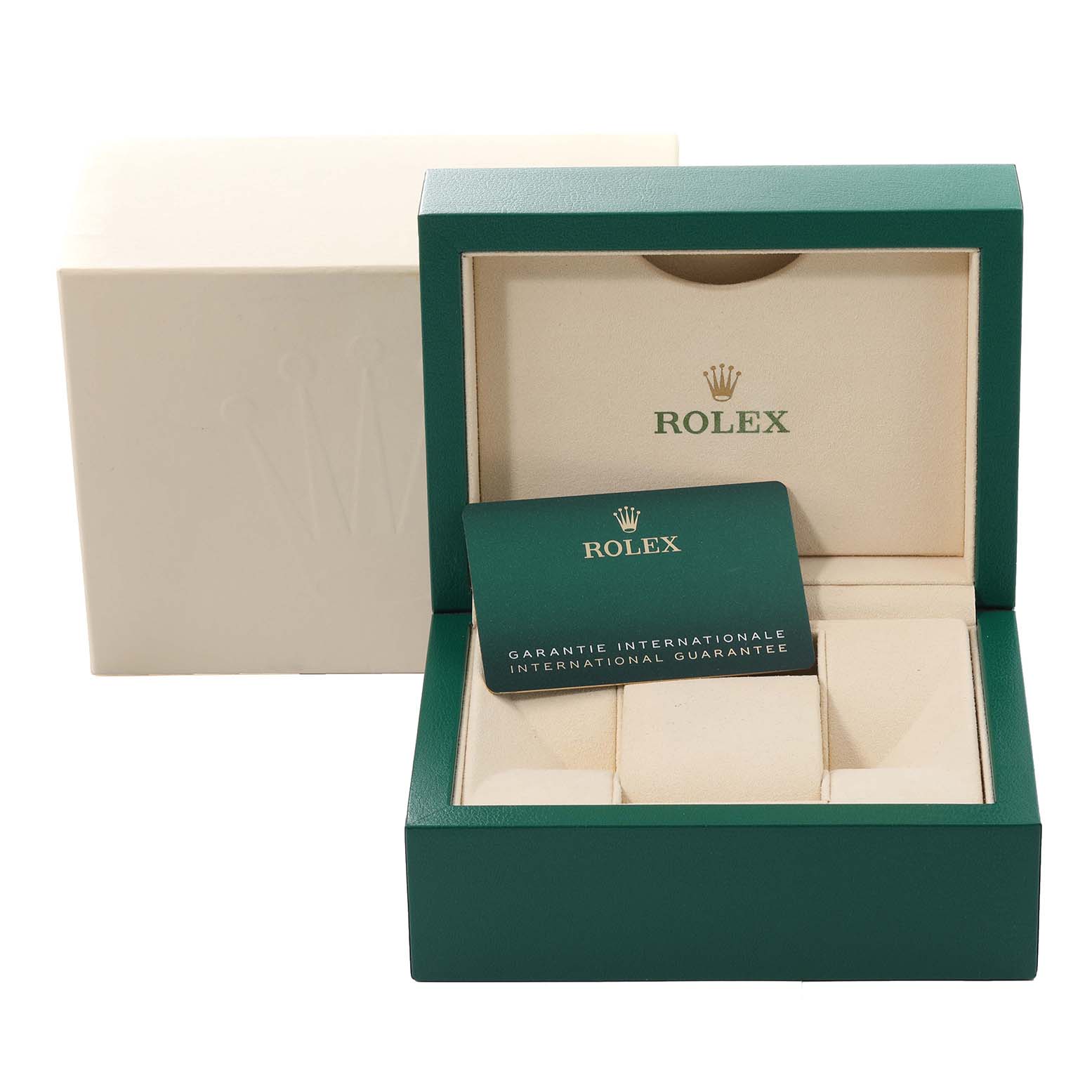 The image shows the open packaging box and warranty card for the Rolex Air-King 116900 Men's Stainless Steel Black Dial 116900 Men's Stainless Steel Black Dial watch.