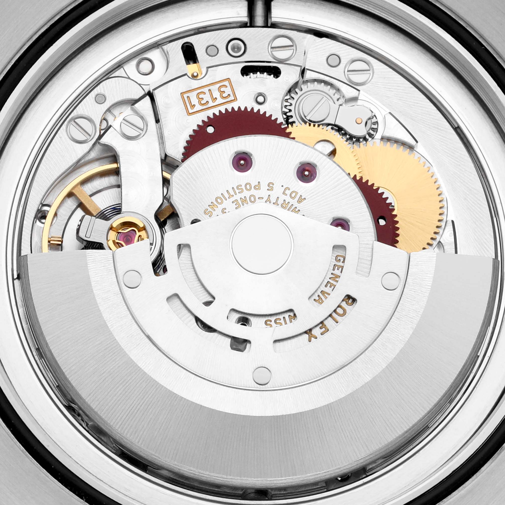 The image shows the intricate internal movement mechanism of a Rolex Air-King 116900 Men's Stainless Steel Black Dial 116900 Men's Stainless Steel Black Dial model, viewed from a close-up angle.