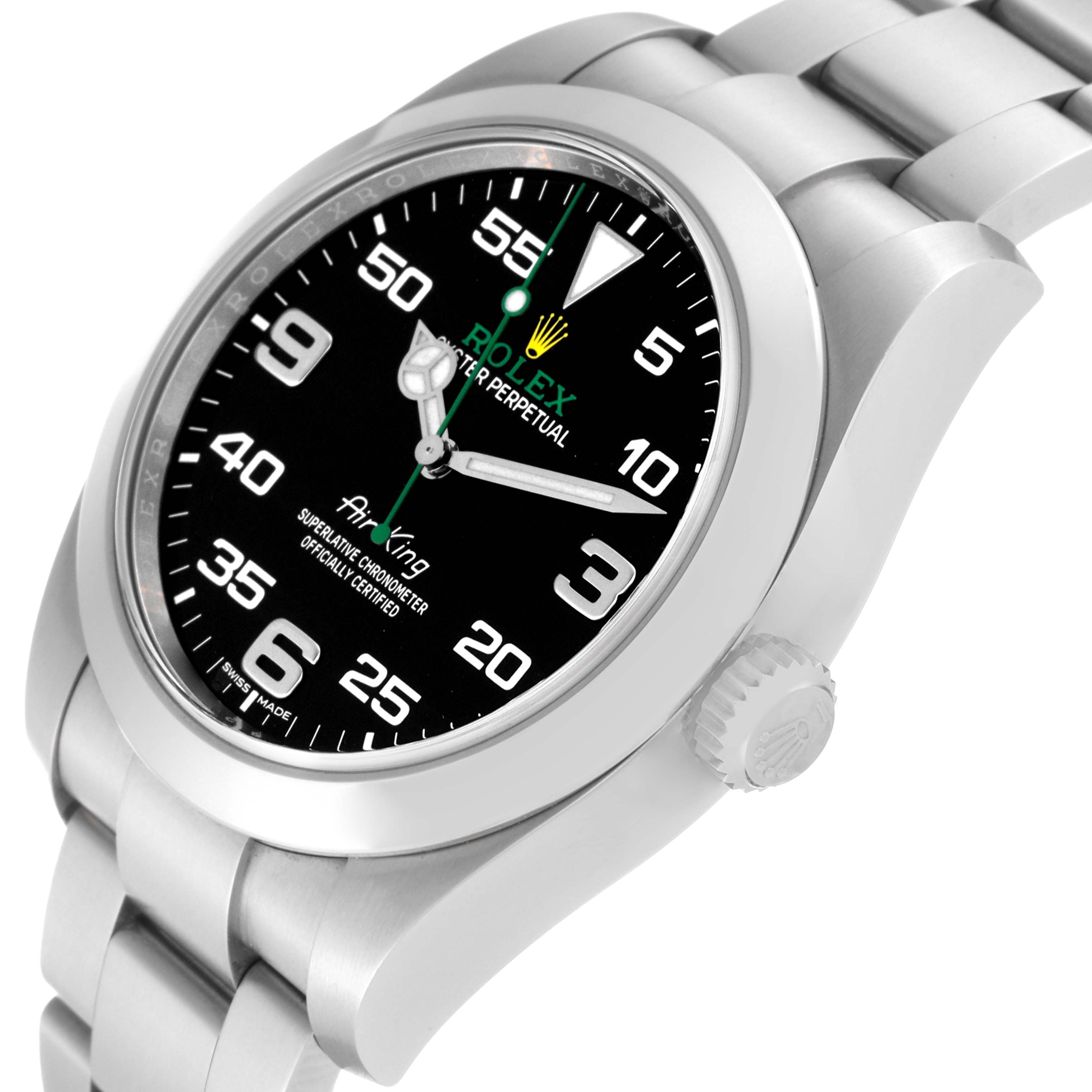 The image shows a side angle of the Rolex Air-King 116900 Men's Stainless Steel Black Dial 116900 Men's Stainless Steel Black Dial watch displaying the black dial, bezel, crown, and part of the bracelet.