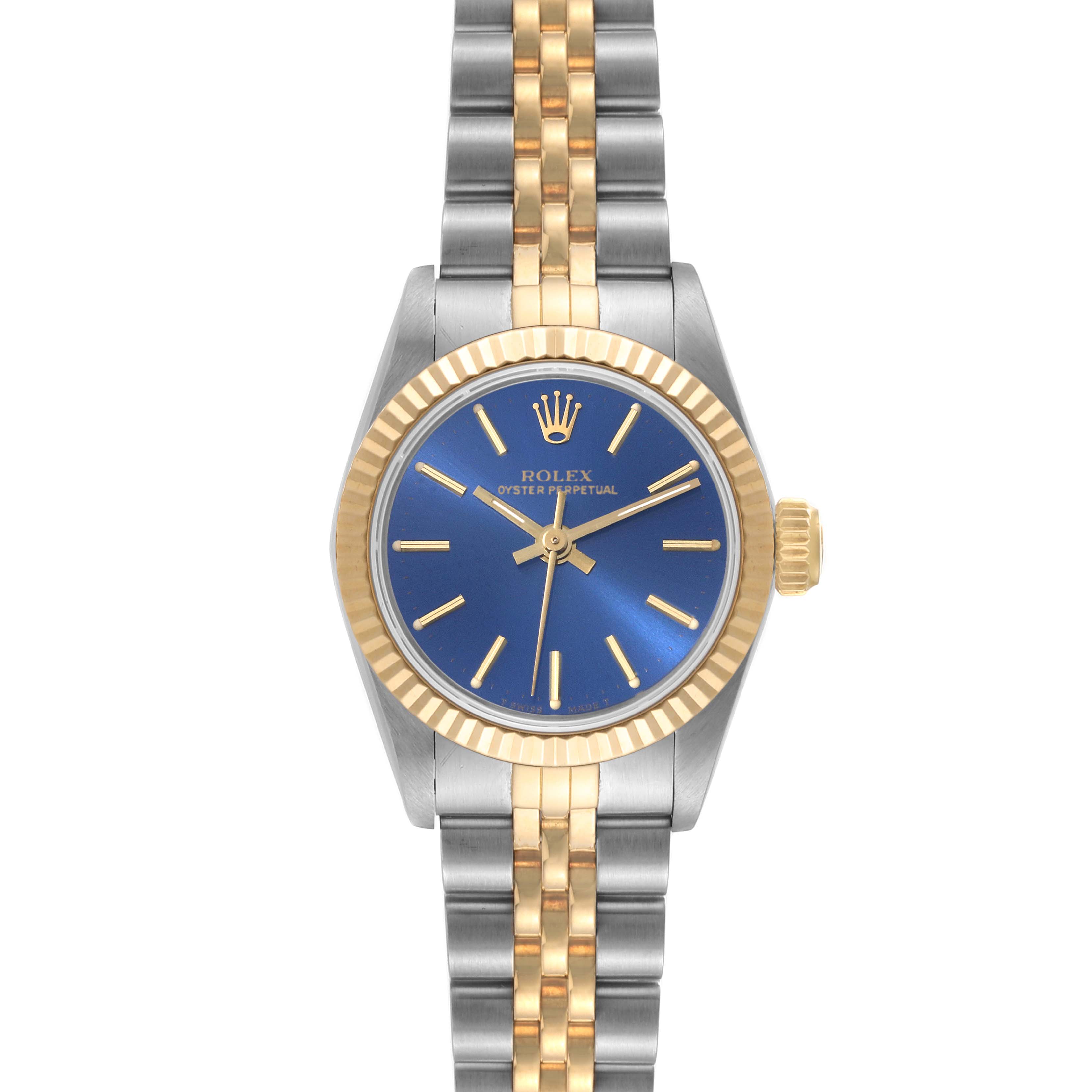 This image shows a front view of a Rolex Oyster Perpetual 67193 Women's Steel and Gold (two tone) Blue Dial 67193 Women's Steel and Gold (two tone) Blue Dial watch with a blue dial, gold fluted bezel, and two-tone bracelet.