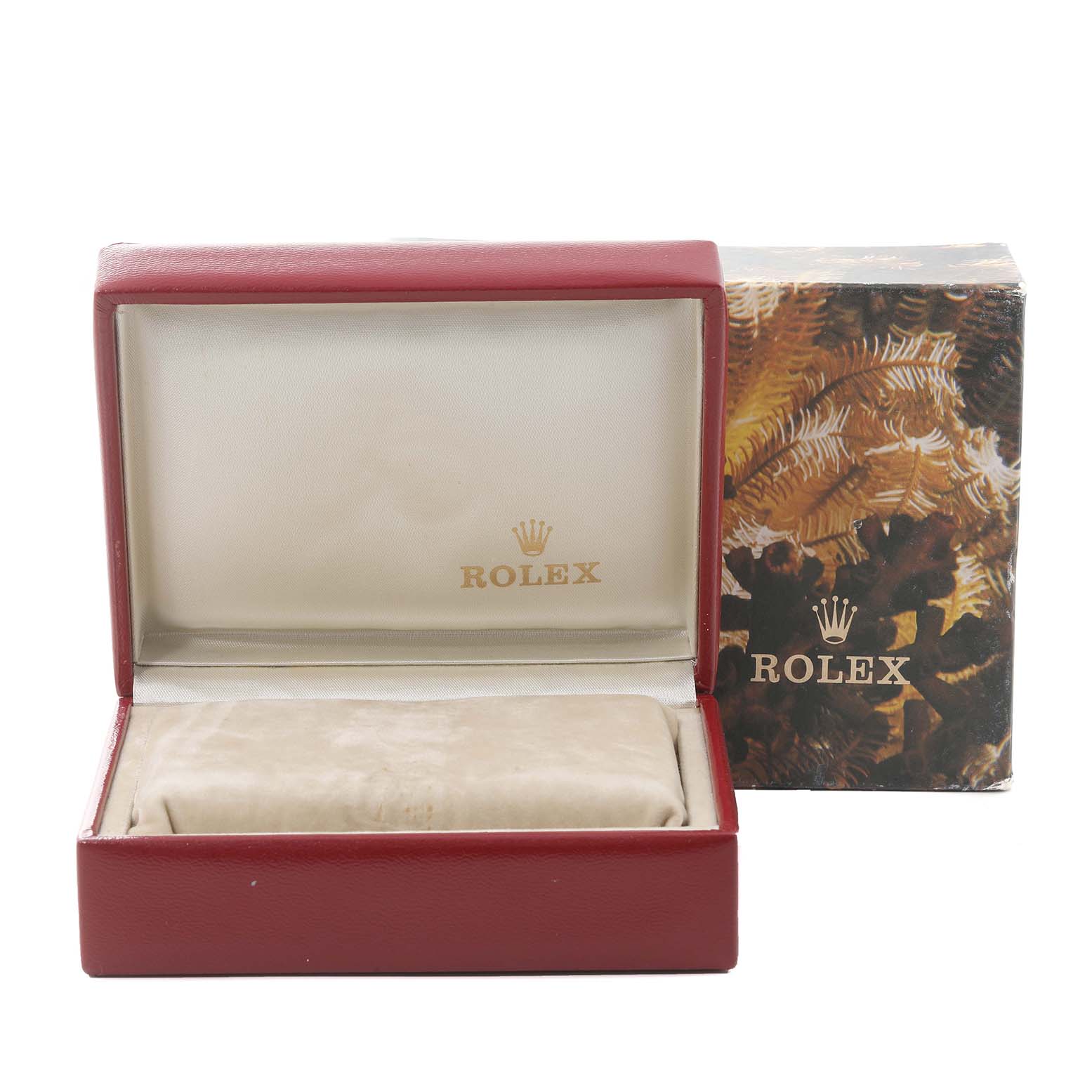 The image shows an empty Rolex Oyster Perpetual 67193 Women's Steel and Gold (two tone) Blue Dial 67193 Women's Steel and Gold (two tone) Blue Dial watch case and an outer box with the brand logo.