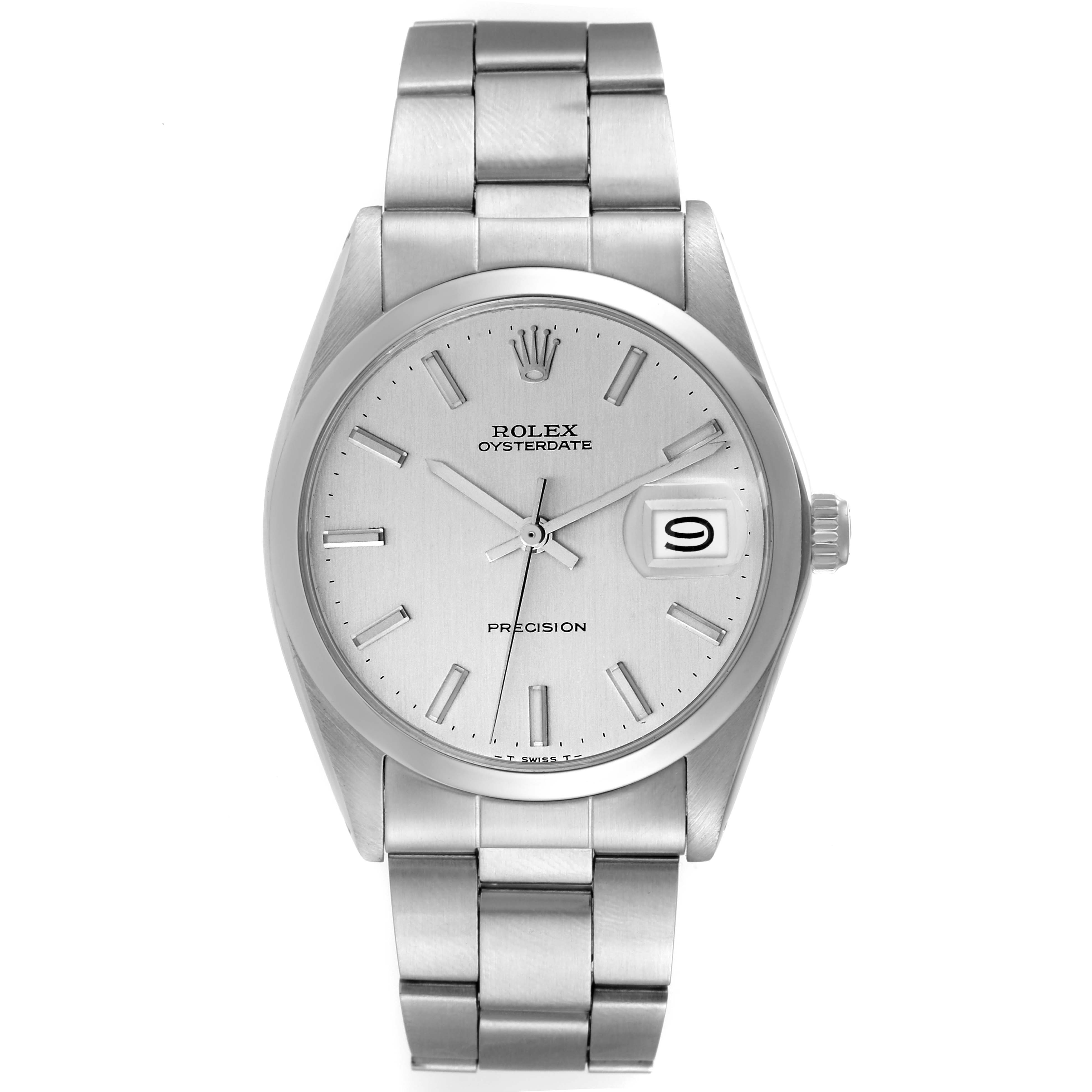 This is a frontal view of the Rolex Vintage Collection 6694 Men's Stainless Steel Silver Dial 6694 Men's Stainless Steel Silver Dial watch, showing the face, band, crown, and date display.