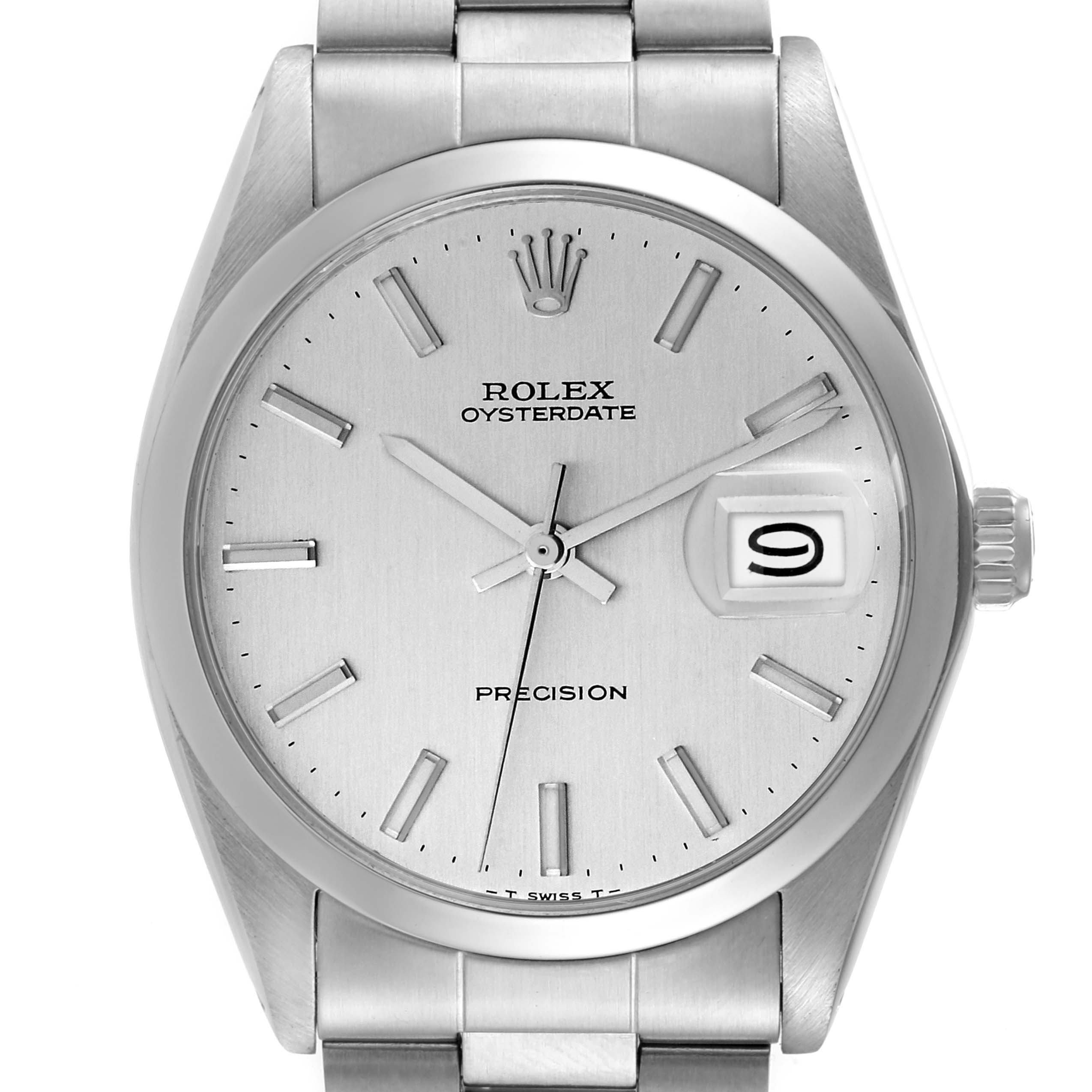 This image shows a front view of a Rolex Vintage Collection 6694 Men's Stainless Steel Silver Dial 6694 Men's Stainless Steel Silver Dial Oysterdate watch, displaying the dial, hands, date window, and bracelet.