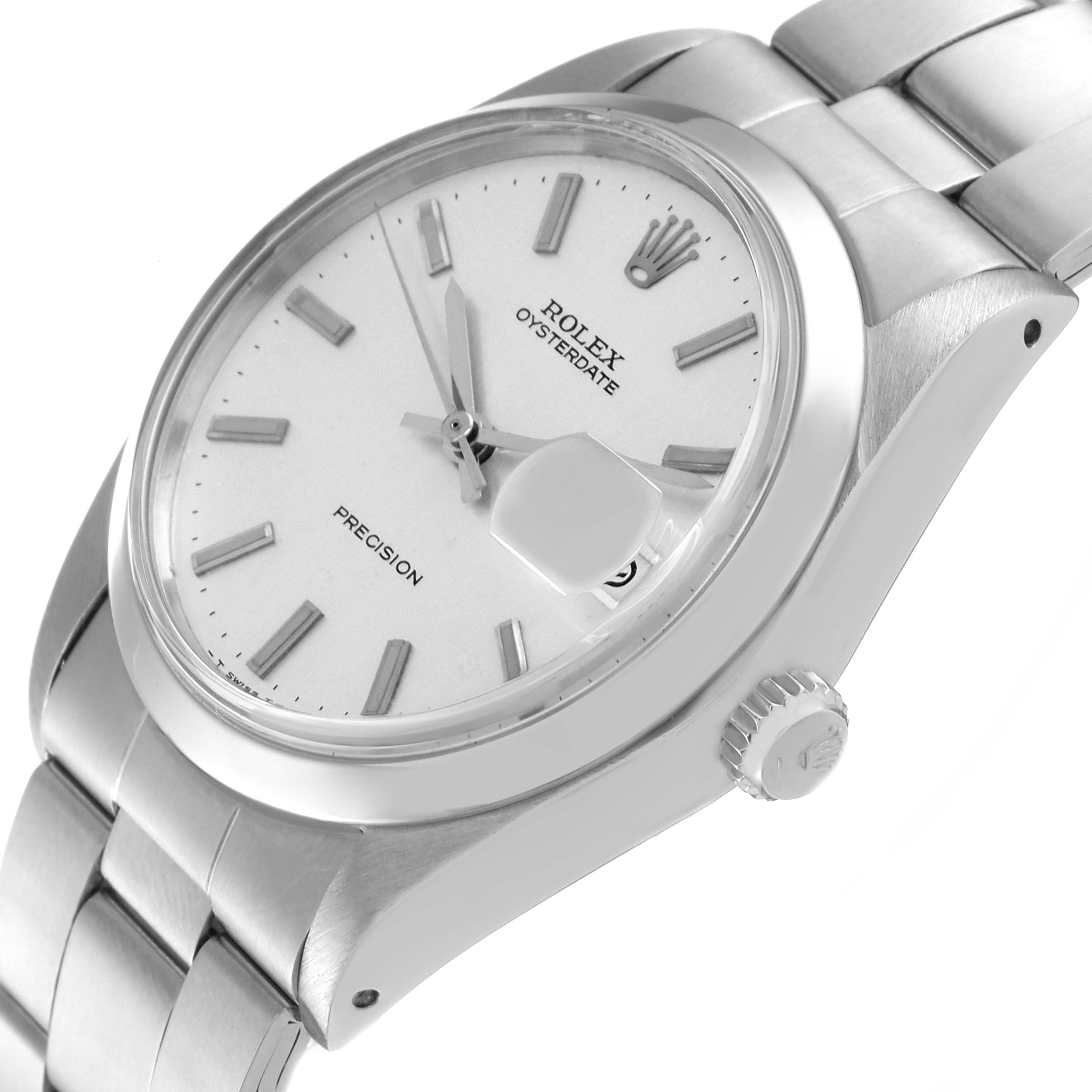 The image shows a Rolex Vintage Collection 6694 Men's Stainless Steel Silver Dial 6694 Men's Stainless Steel Silver Dial Oysterdate watch at an angled view, highlighting the dial, crown, case, and part of the bracelet.