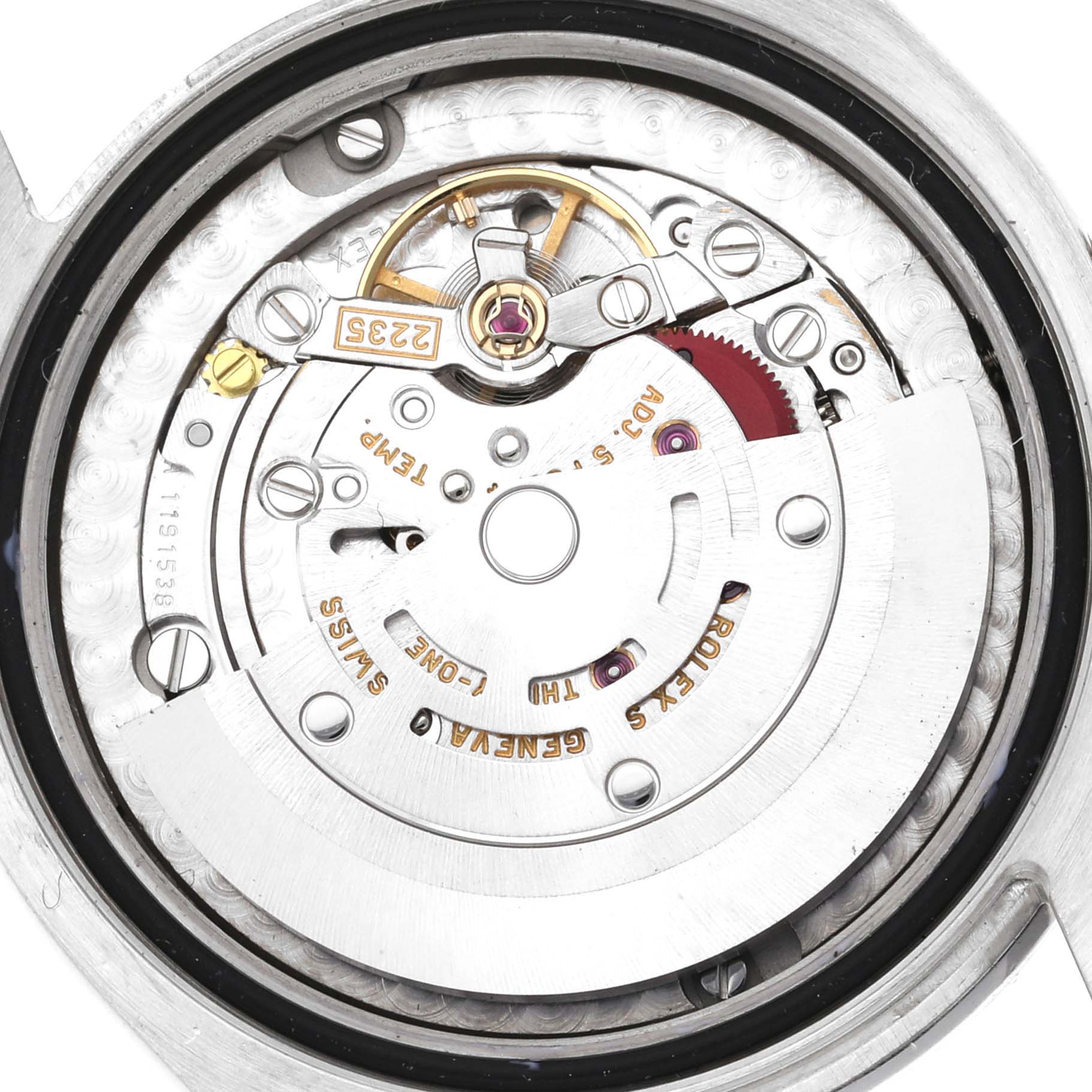 This close-up view shows the internal mechanical movement of a Rolex President 178286 Women's Platinum Blue Dial 178286 Women's Platinum Blue Dial model watch.