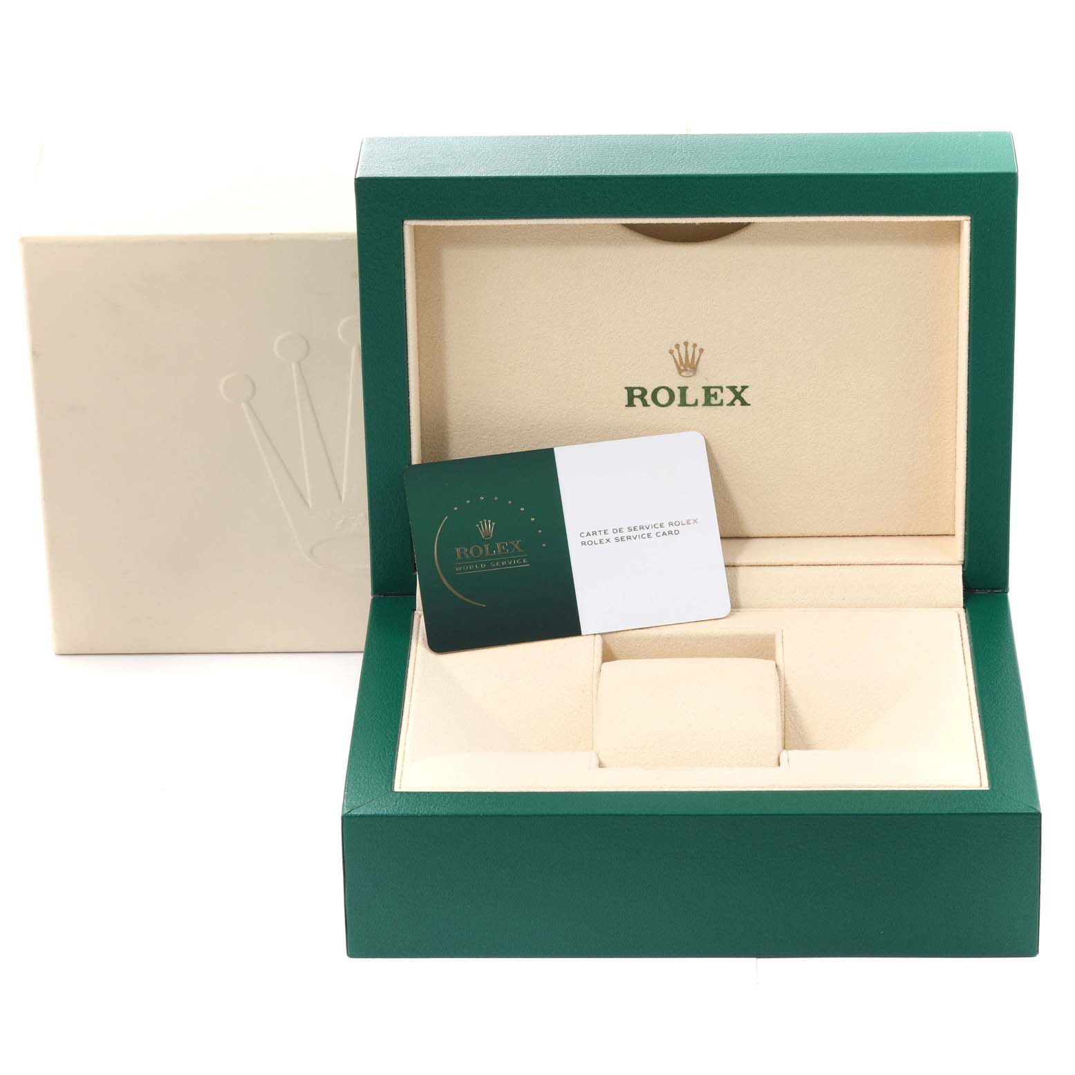 The image shows an open Rolex President 178286 Women's Platinum Blue Dial 178286 Women's Platinum Blue Dial model watch box with a service card inside.