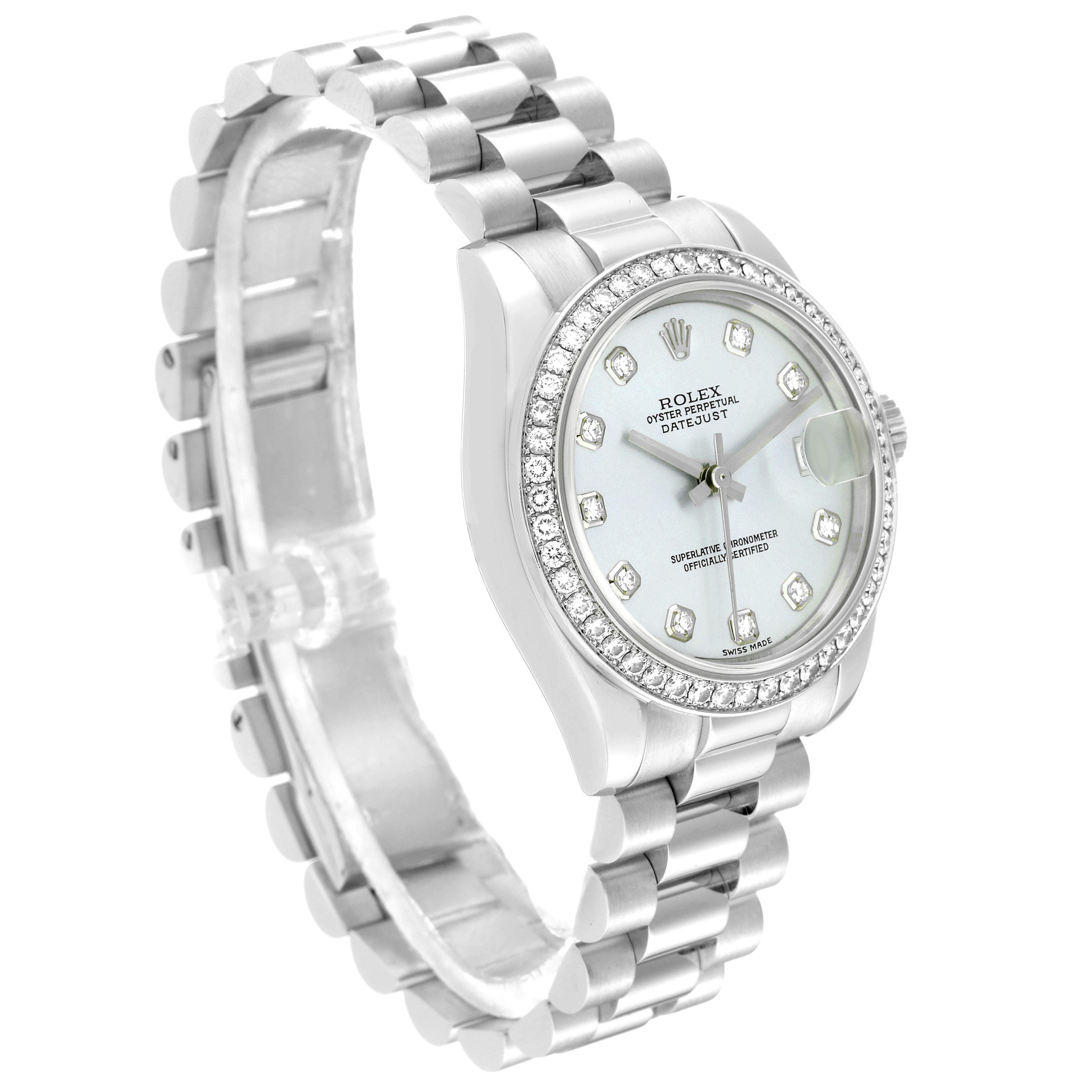 The image shows a Rolex President 178286 Women's Platinum Blue Dial 178286 Women's Platinum Blue Dial model watch at a slight angle, highlighting the face, bracelet, and bezel with diamond accents.
