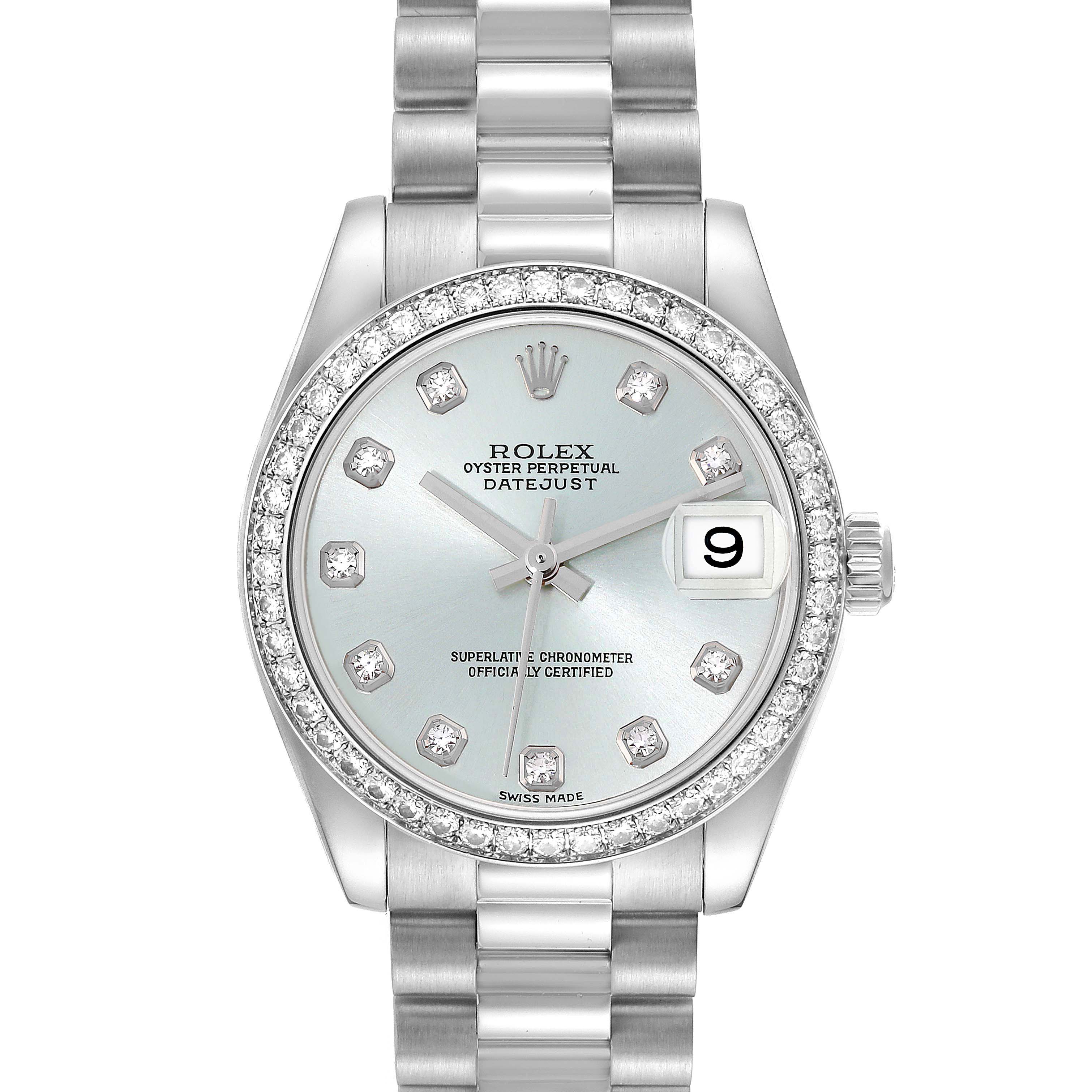 This Rolex President 178286 Women's Platinum Blue Dial 178286 Women's Platinum Blue Dial model watch is shown from the front, displaying its face, bracelet, and crown.