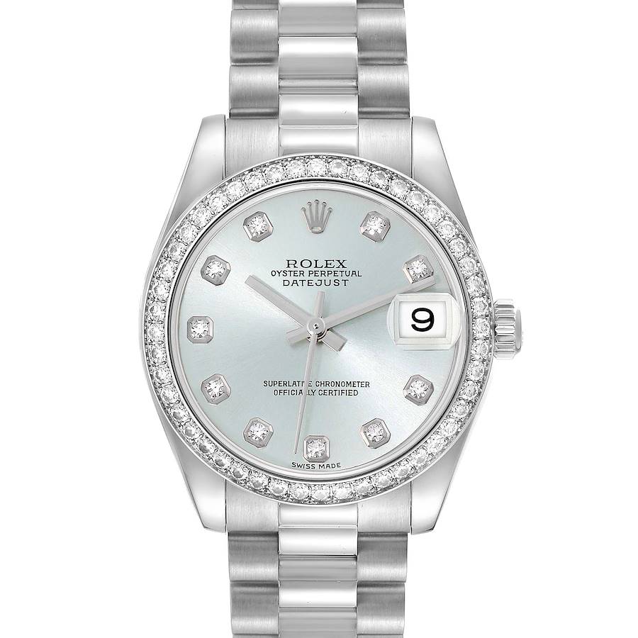 This Rolex President model watch is shown from the front, displaying its face, bracelet, and crown.