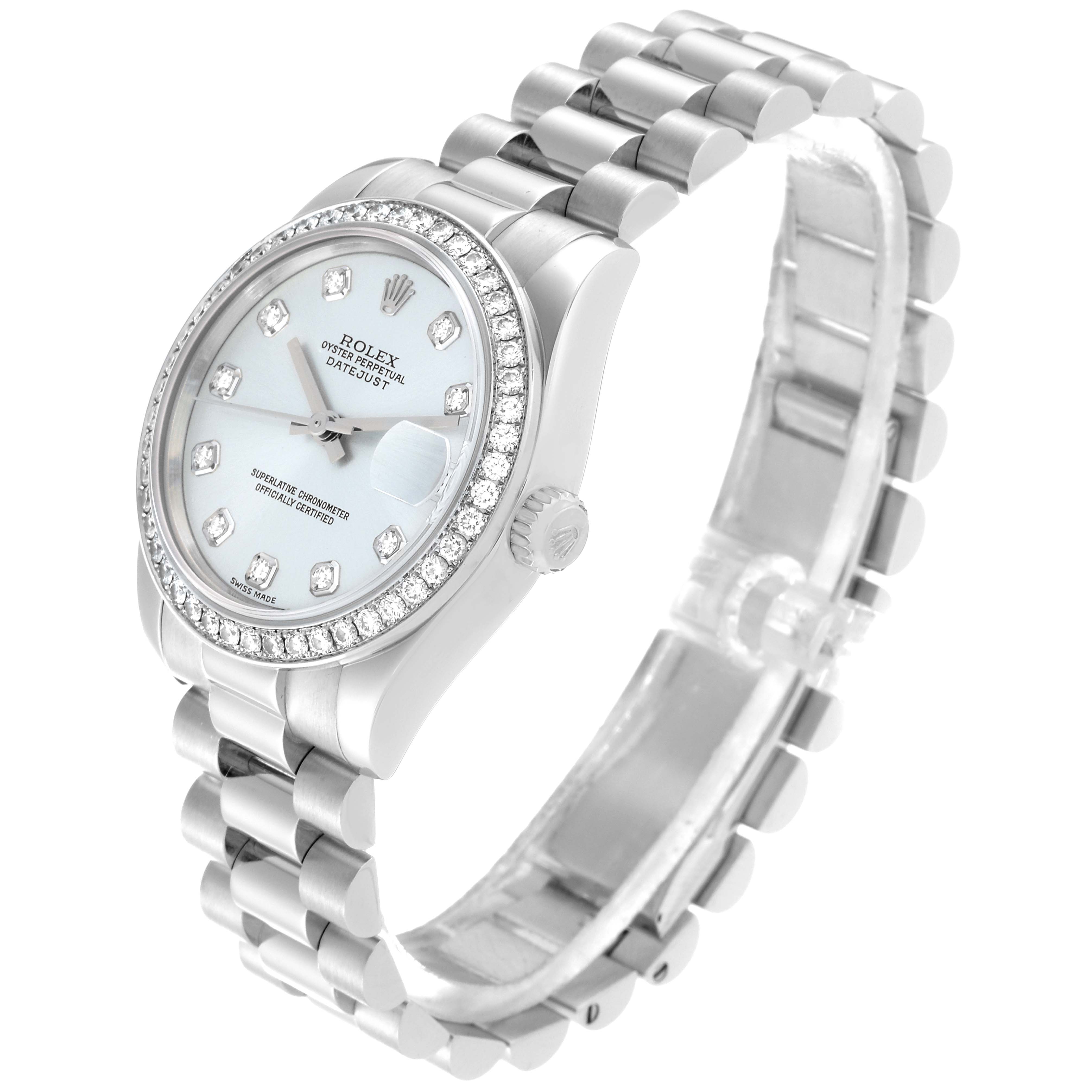The image shows a side and diagonal view of a Rolex President 178286 Women's Platinum Blue Dial 178286 Women's Platinum Blue Dial model watch, highlighting its dial, bezel, and bracelet.