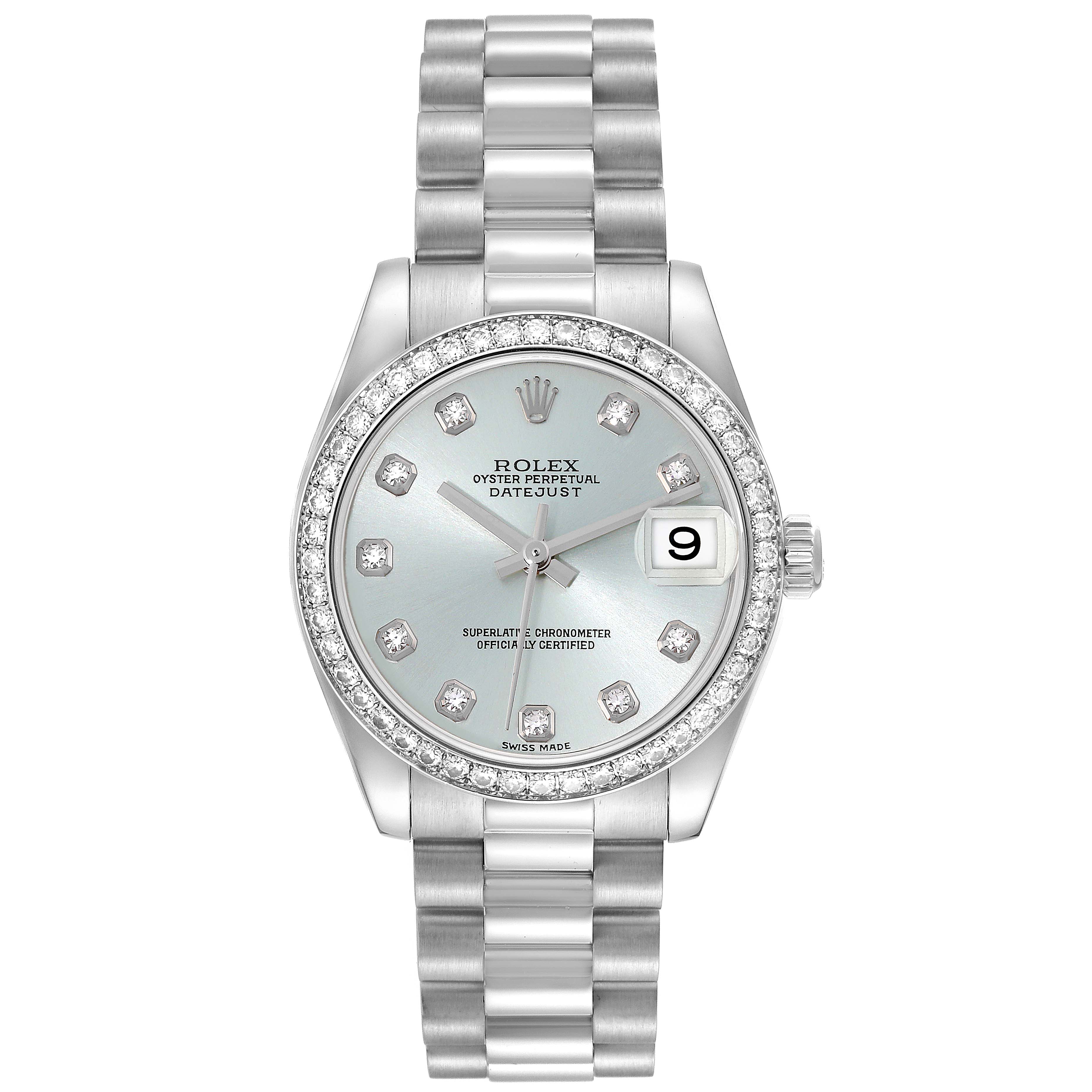 The image shows a front view of a Rolex President 178286 Women's Platinum Blue Dial 178286 Women's Platinum Blue Dial model watch, displaying the dial, bezel, bracelet, and date window.
