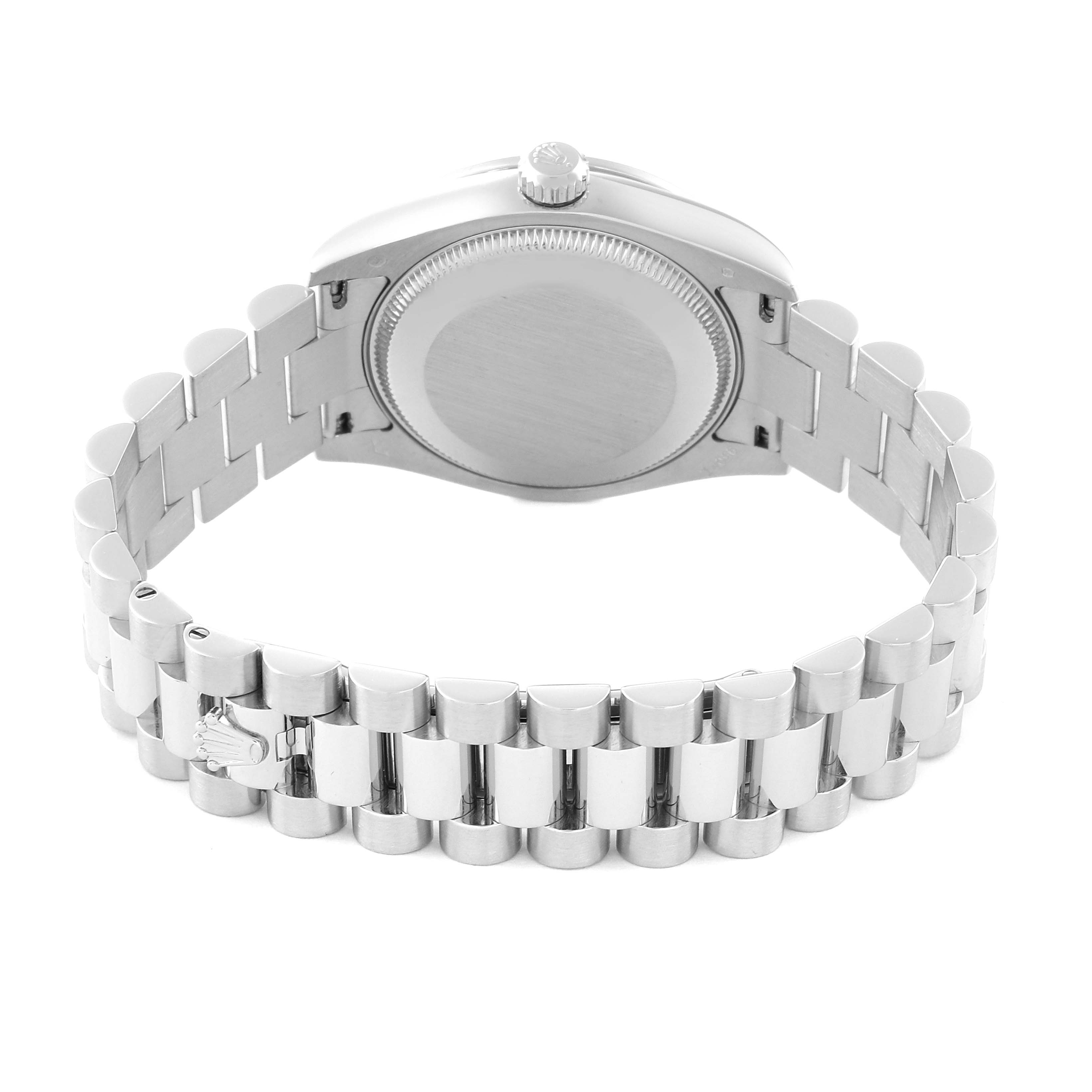 The image shows the backside of a Rolex President 178286 Women's Platinum Blue Dial 178286 Women's Platinum Blue Dial model watch, displaying the case back and metal bracelet.