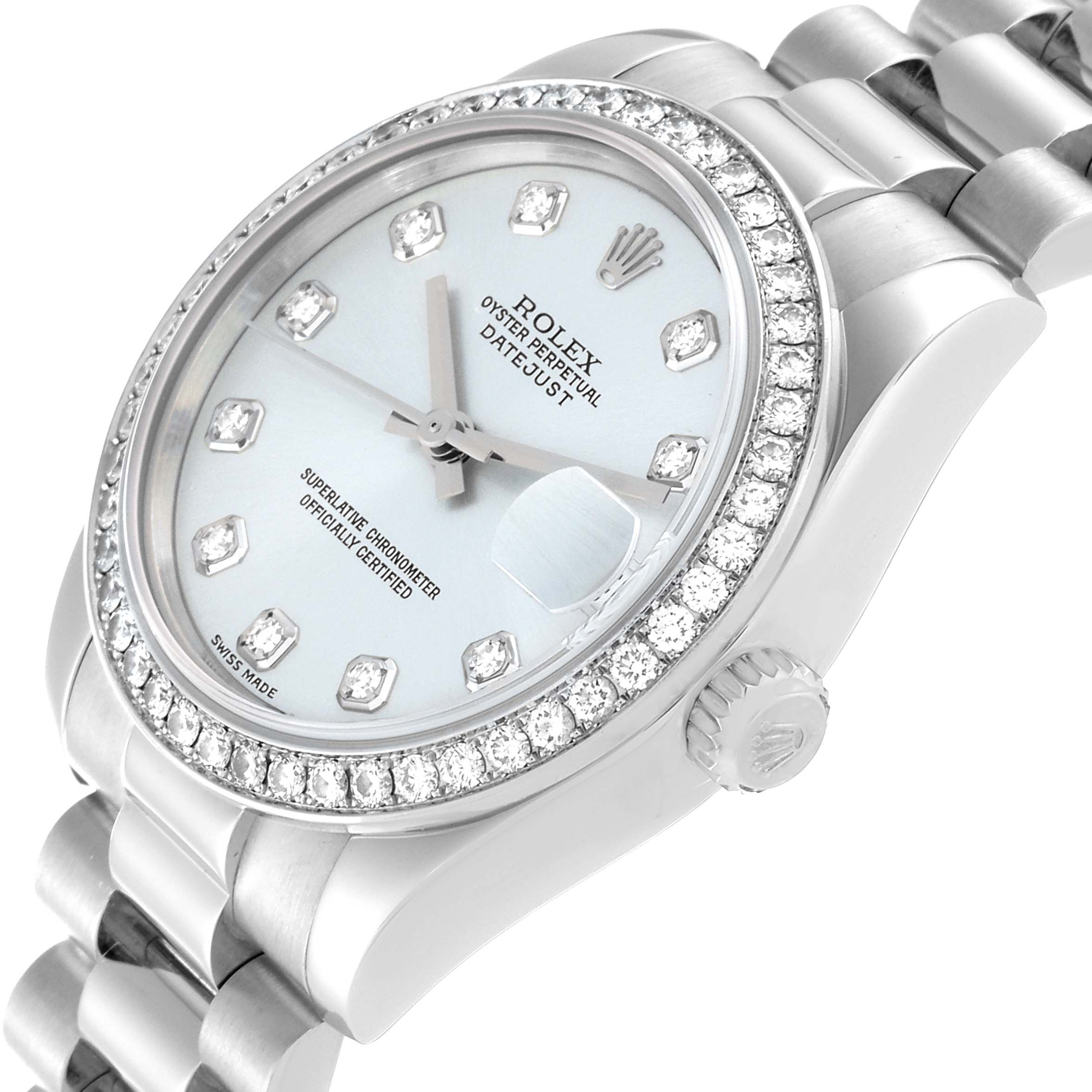 Rolex President 178286 Women's Platinum Blue Dial 178286 Women's Platinum Blue Dial model watch shown at an angle emphasizing the diamond-encrusted bezel, dial, and stainless steel bracelet.