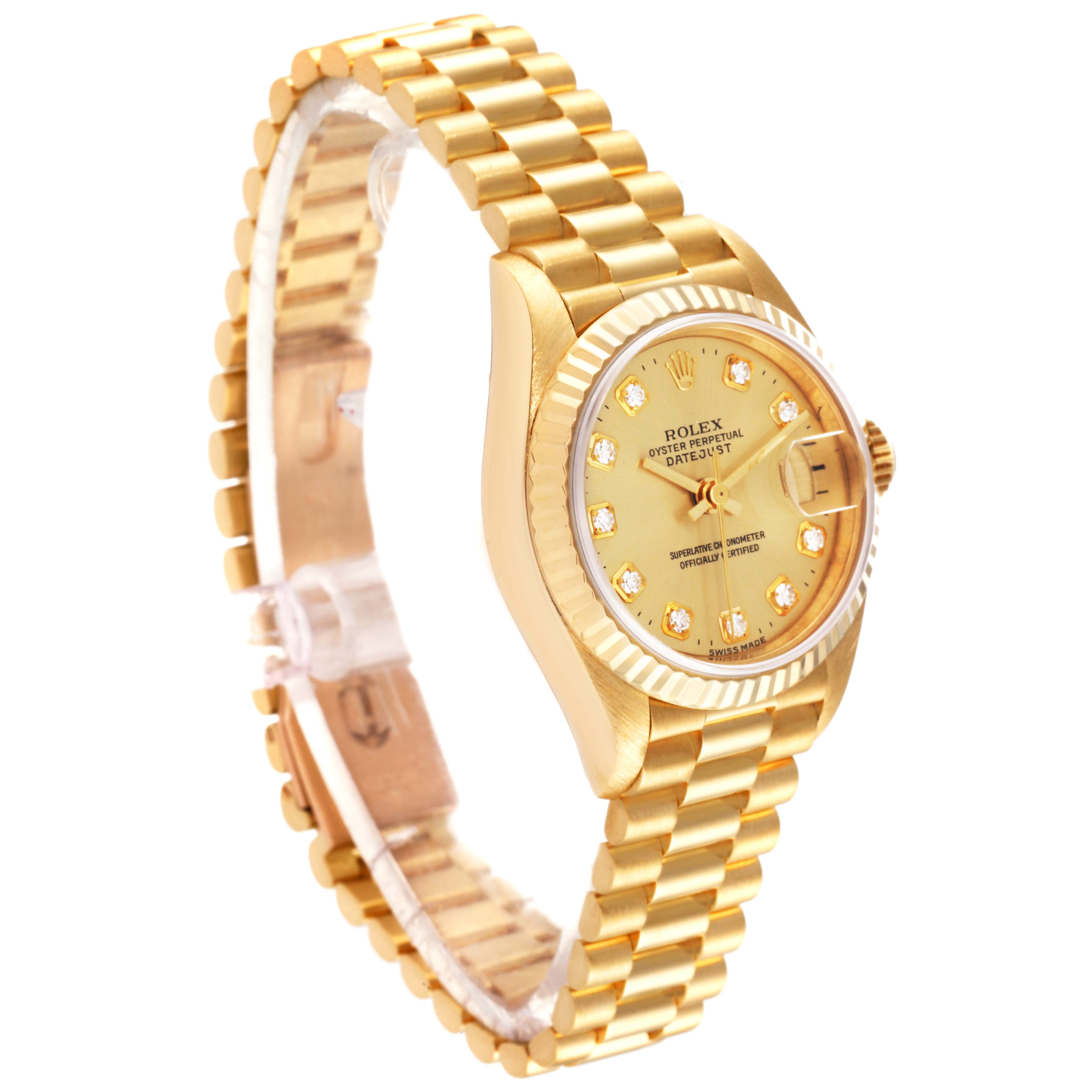 The Rolex President 69178 Women
s Yellow Gold Champagne Dial 69178 Women
s Yellow Gold Champagne Dial model watch is shown at a slight angle, displaying its gold bracelet and face with diamond hour markers.