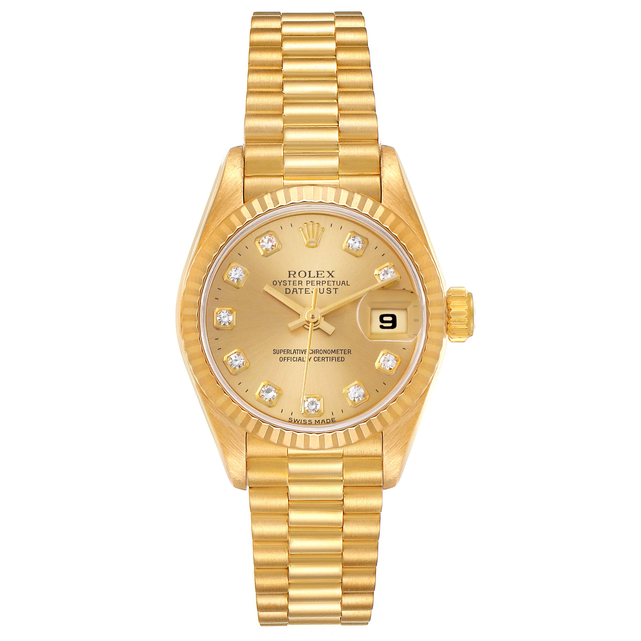This image shows a front view of the Rolex President 69178 Women
s Yellow Gold Champagne Dial 69178 Women
s Yellow Gold Champagne Dial model, displaying its dial, bezel, bracelet, and crown.