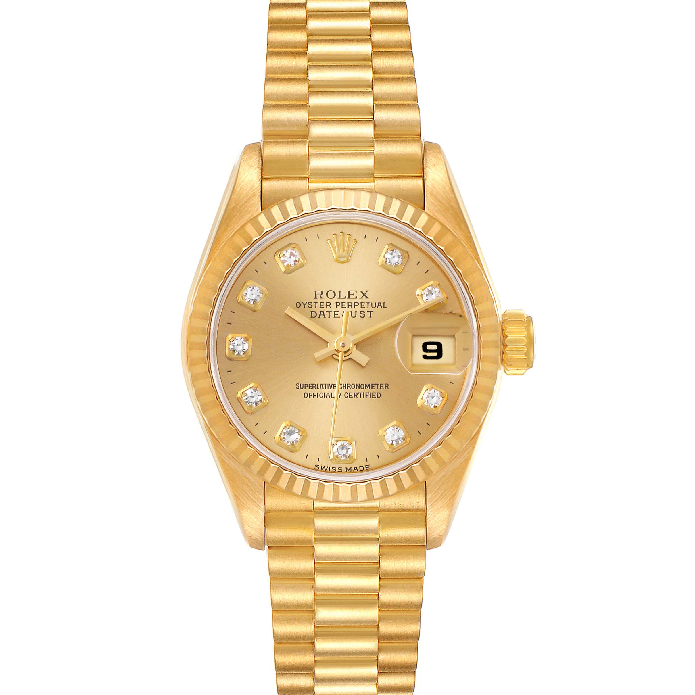 This image shows a front view of a Rolex President 69178 Women
s Yellow Gold Champagne Dial 69178 Women
s Yellow Gold Champagne Dial model watch, featuring its gold dial and bracelet.