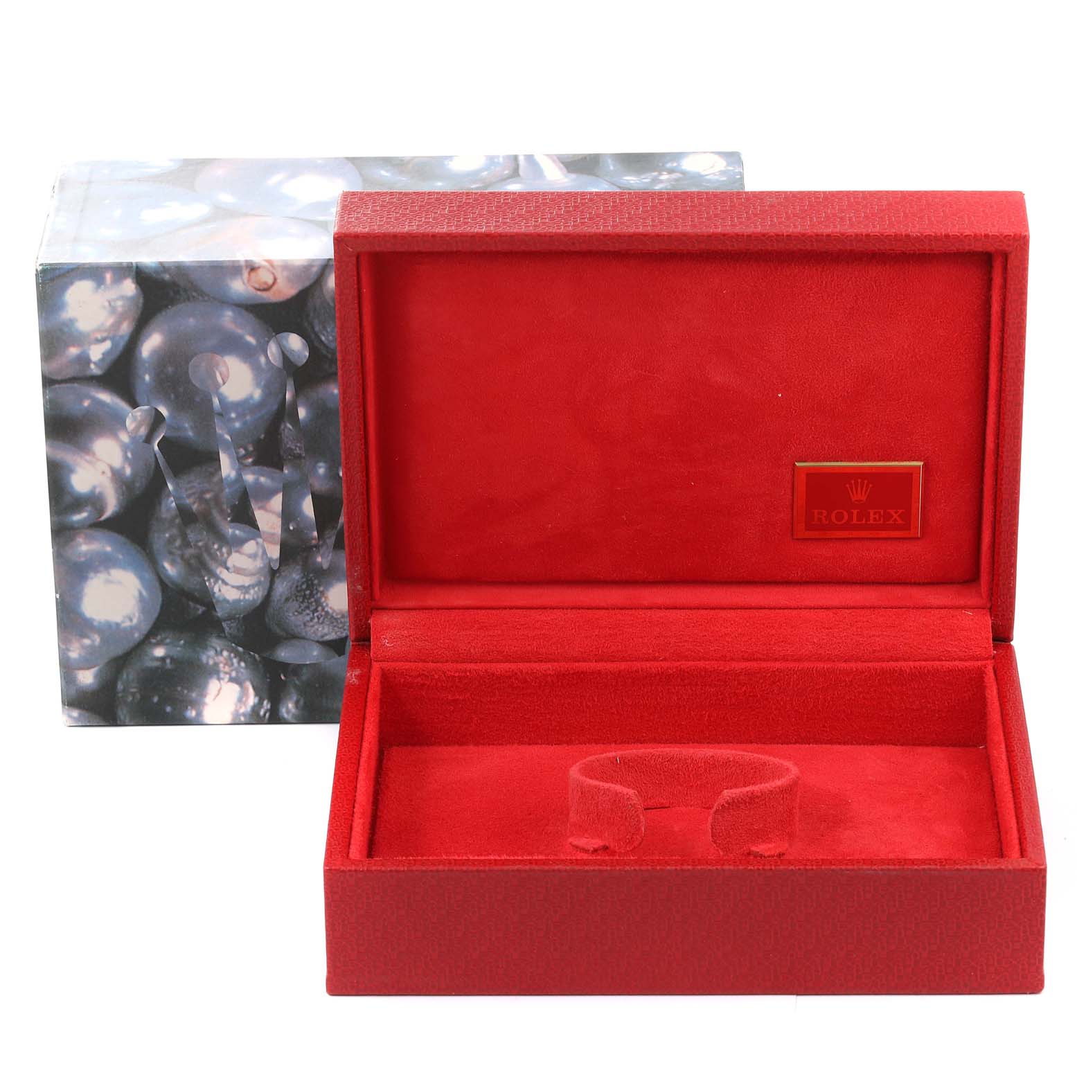 The image shows an open red box designed for the Rolex President 69178 Women
s Yellow Gold Champagne Dial 69178 Women
s Yellow Gold Champagne Dial model, with the box lid propped open.